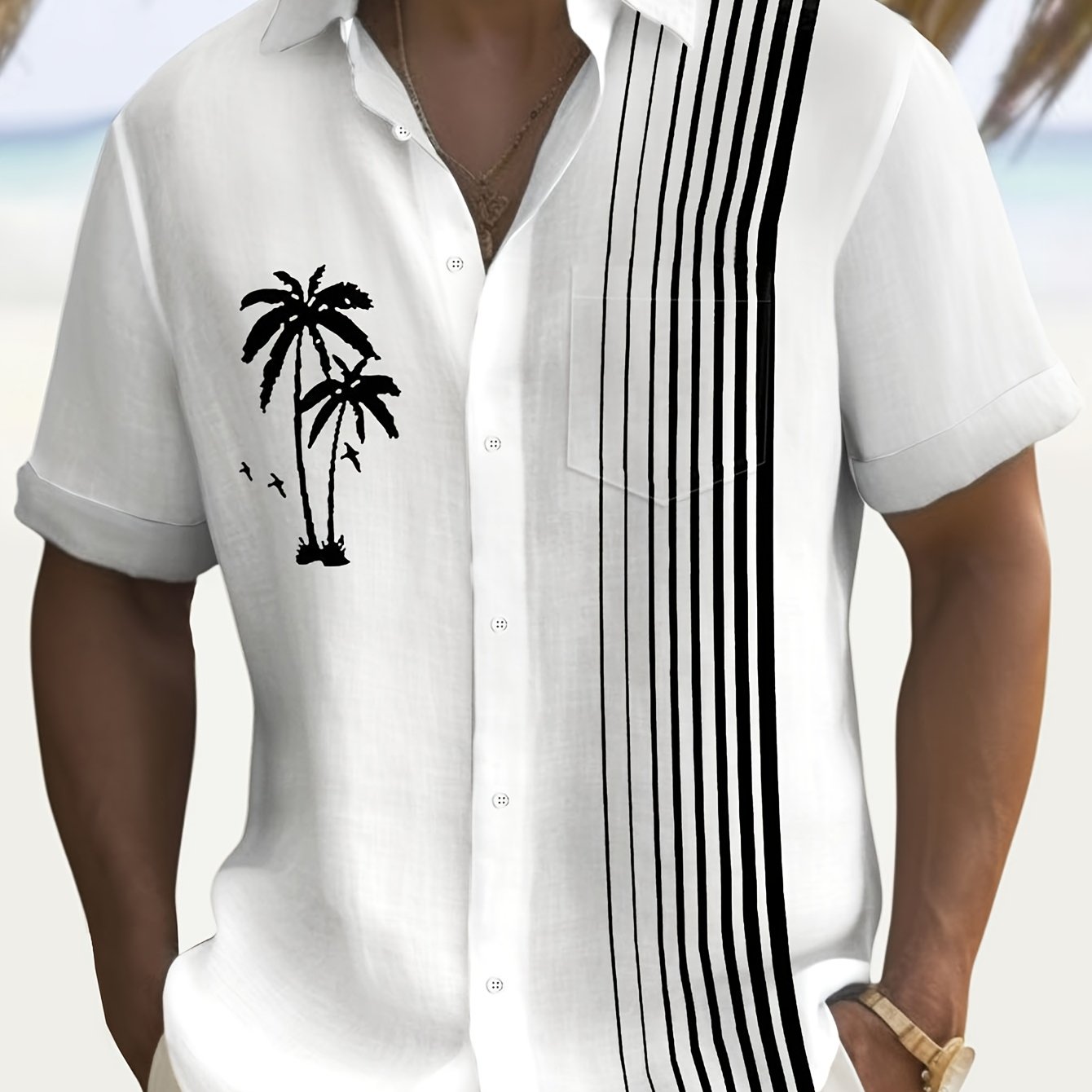 Men's Casual Coconut Tree Striped Print Men's Plus Size Button-pocket Short Sleeve Shirt