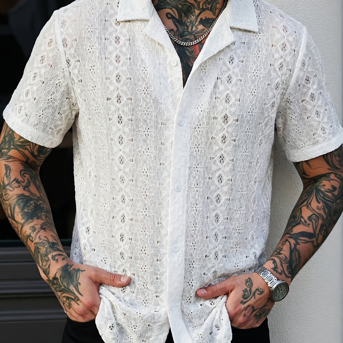 TEMU Men's Summer New Knit Jacquard Hollow Short Sleeve Shirt Lightweight Comfortable Vacation Outdoor Sports Fashion Versatile Lapel Shirt Top