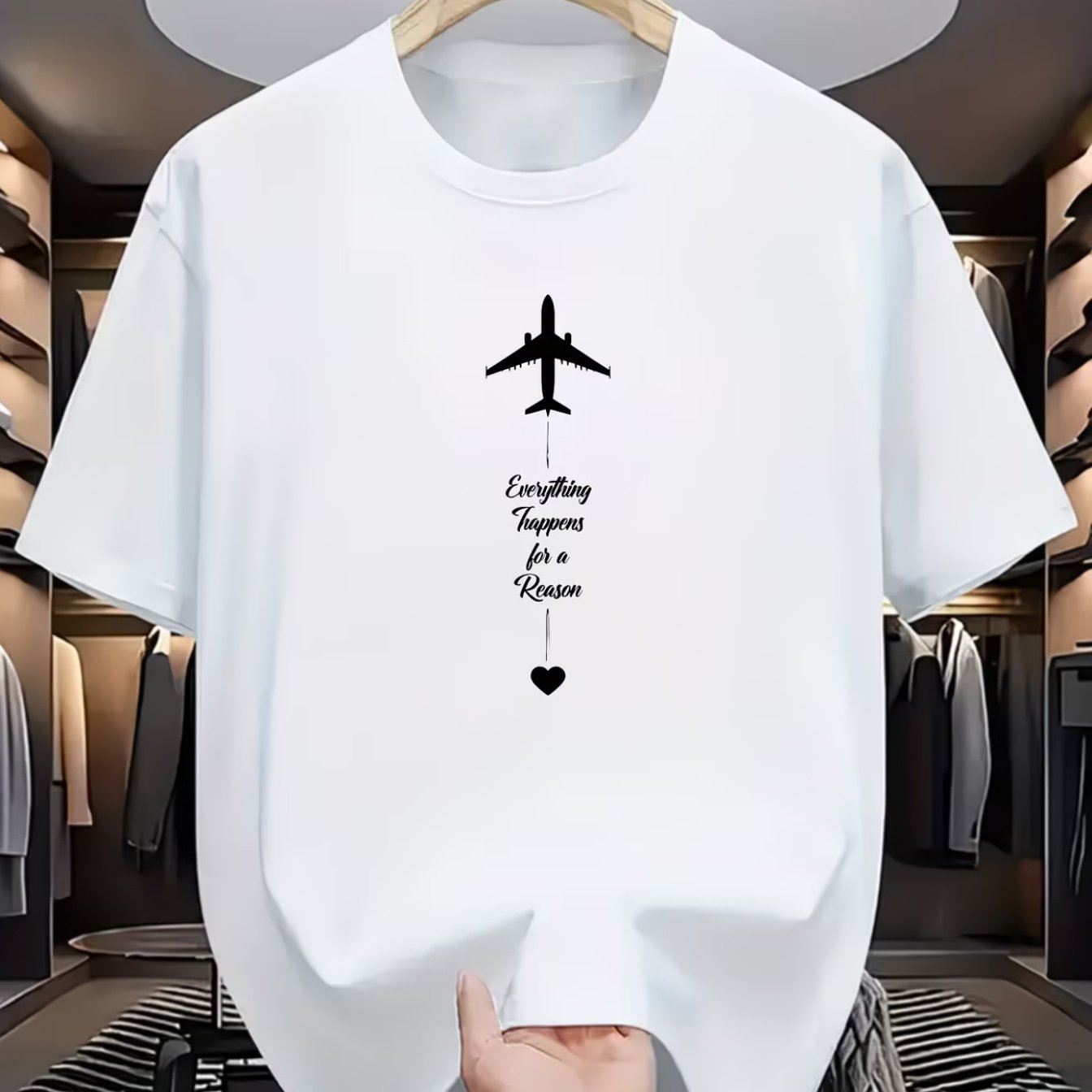 TEMU Men' & Women' Casual Short-sleeve T-shirt - Airplane Print & " " Text, Round Neck Streetwear Top, Suitable For Travel, Daily Wear, Machine