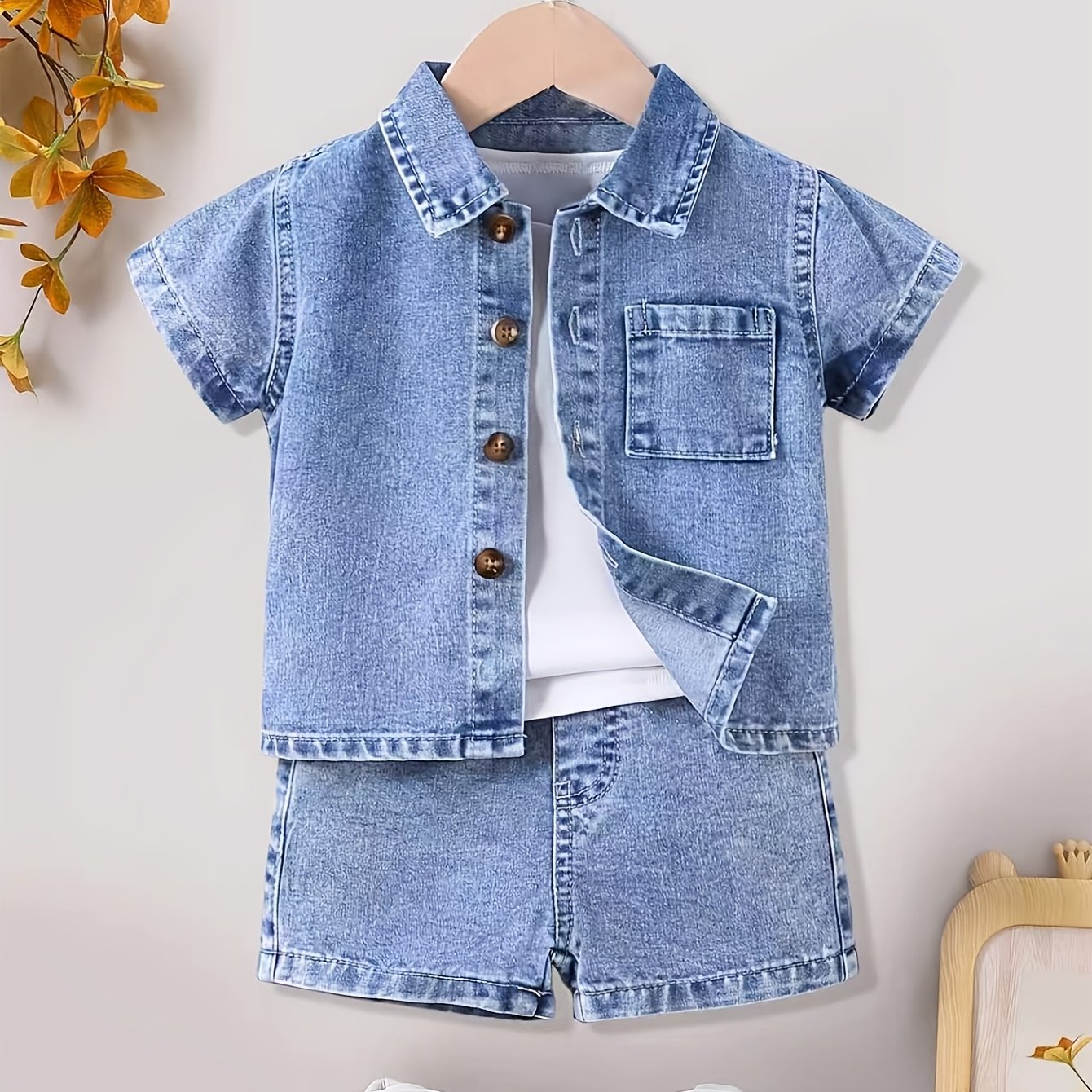 Boys' Summer Casual Lapel Short-sleeve Solid Color Top + Denim Shorts 2pcs Set For , Perfect For Outdoor