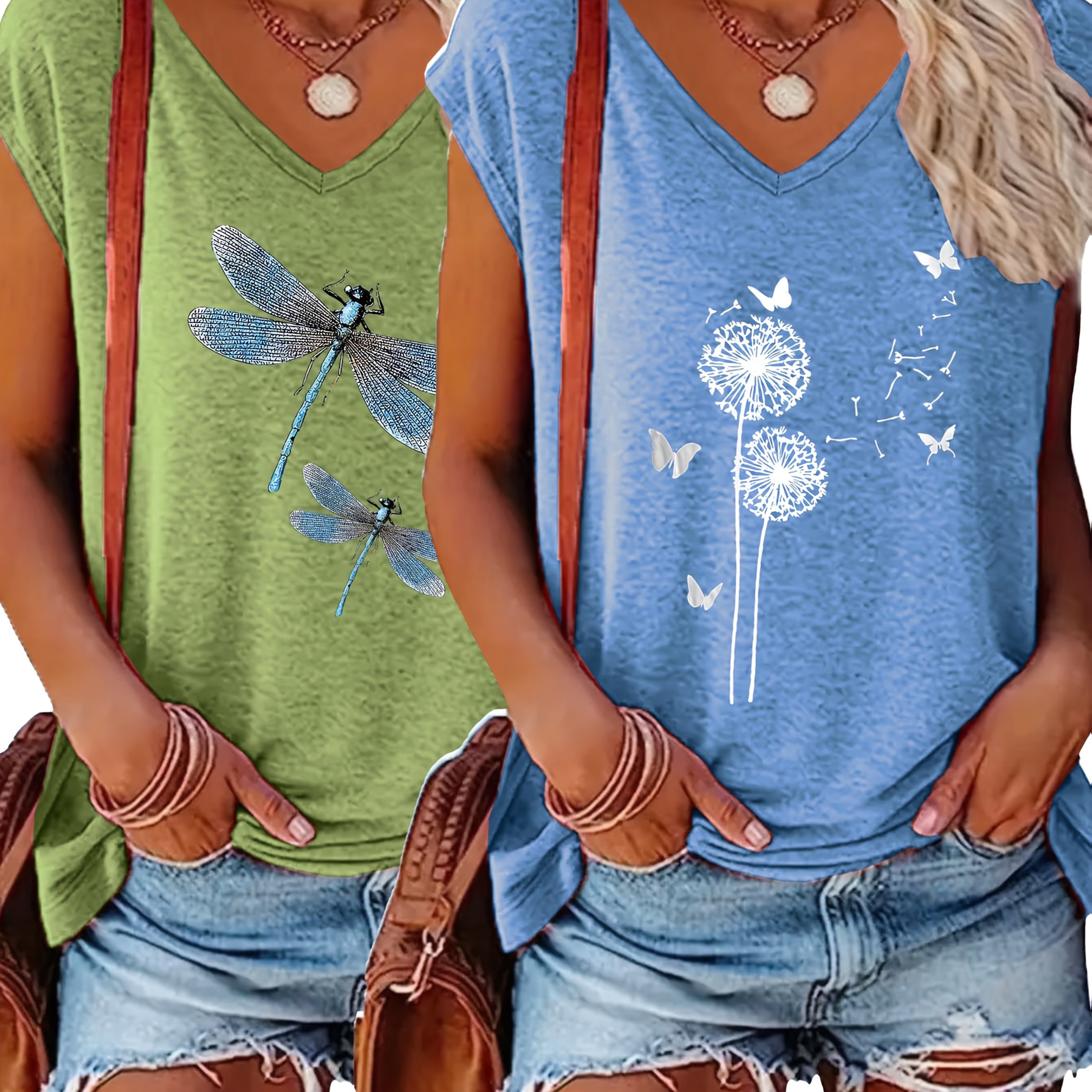 Image of 2pcs Spring/summer New Arrival Positioning Print V-neck Loose Fit Casual Base Layer T-shirt, Comfortable And Stylish - Suitable For Daily Wear And Home Use /summer