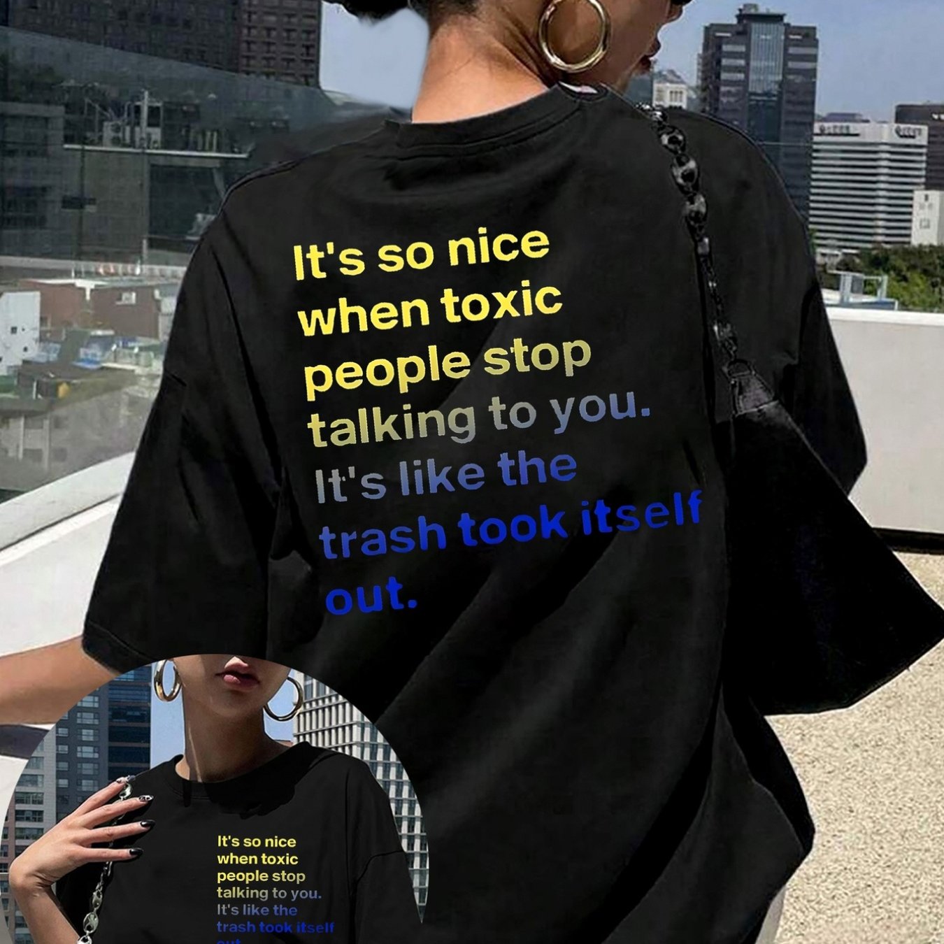 TEMU Ladies' Letter Print T-shirt With A Statement, Casual Black Short-sleeve Round Neck Top Made From Stretchy, Breathable Fabric, Machine Washable