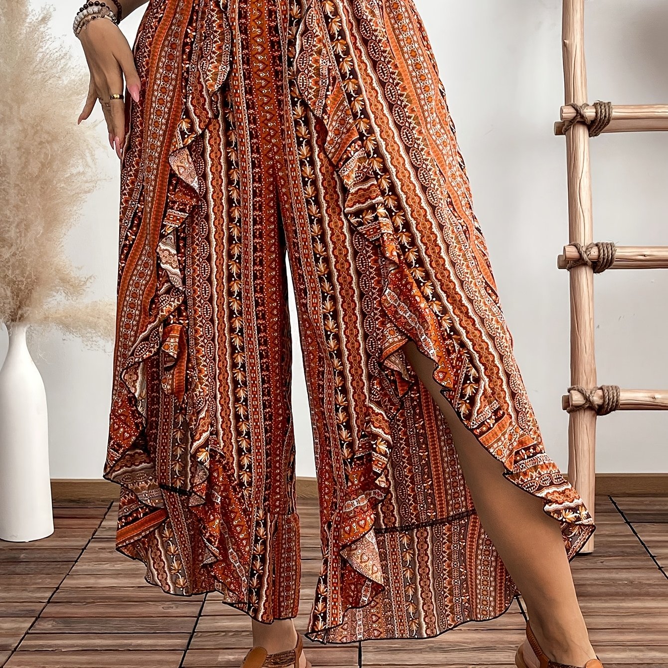 E-shop Damen Schlaghose mit weitem Bein Rüschensaum mit Ethno-/Boho-Druck – Elastikfreie Hose für Frühling Sommer Resort-Mode, maschinenwaschbar