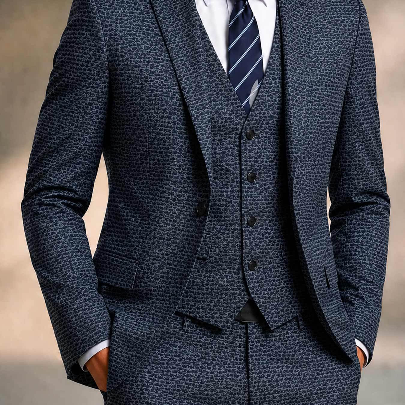 Men's 3pcs Suit Set Textured Dark Blue Pattern Classic Formal Style For Business Meetings And Elegant Events