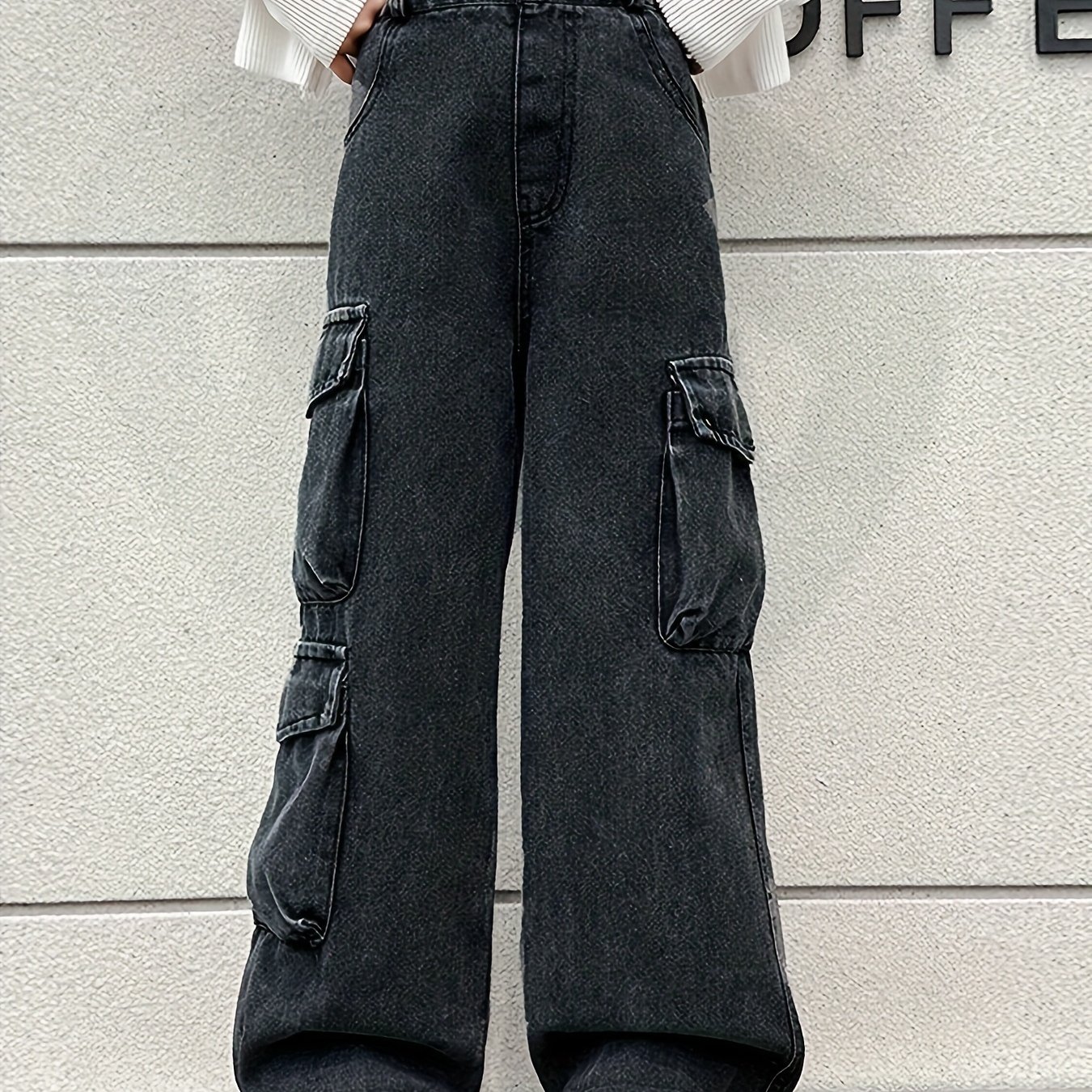 Girls' Spring And Autumn Pants, Casual Spring Style, Fashionable Straight-leg Wide-leg Pocket Denim, For Middle And Large Girls