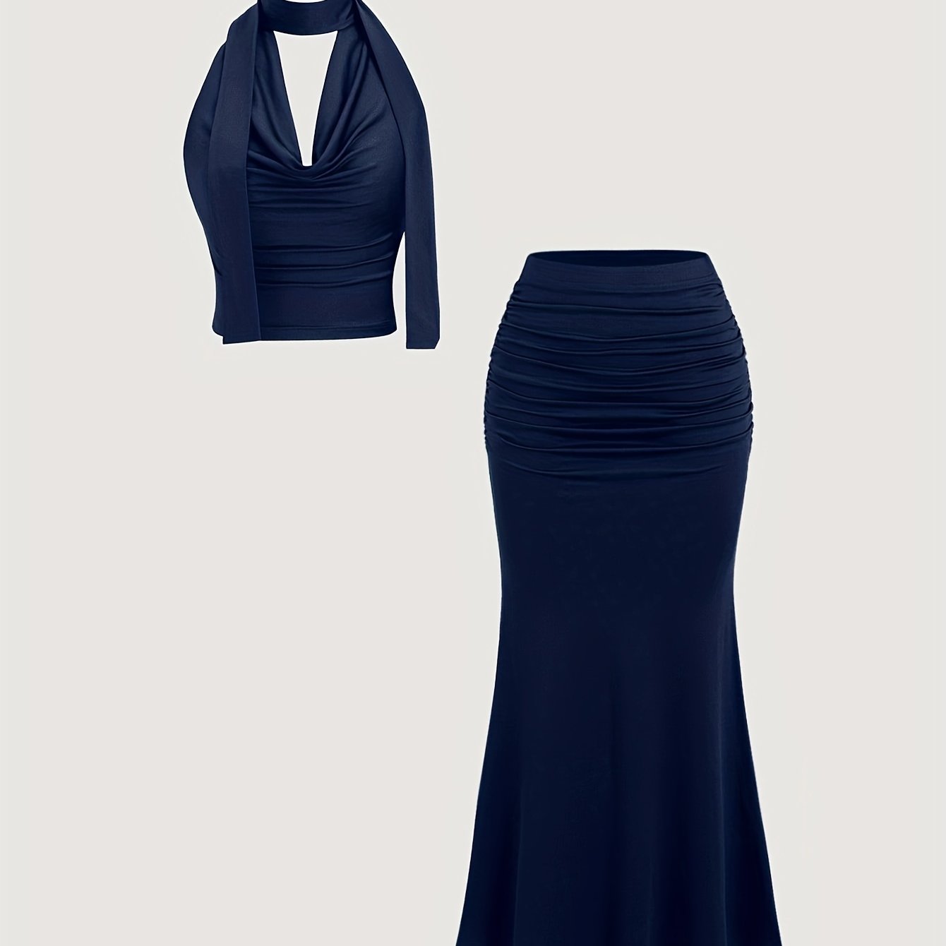 E-shop Elegantes Damen-Vintage-Set mit 2 Teilen: Tanktop mit plissiertem Stehkragen, rückenfrei, Rock mit A-Linien-Saum, Damen-Rock-Set mit 2 Teilen