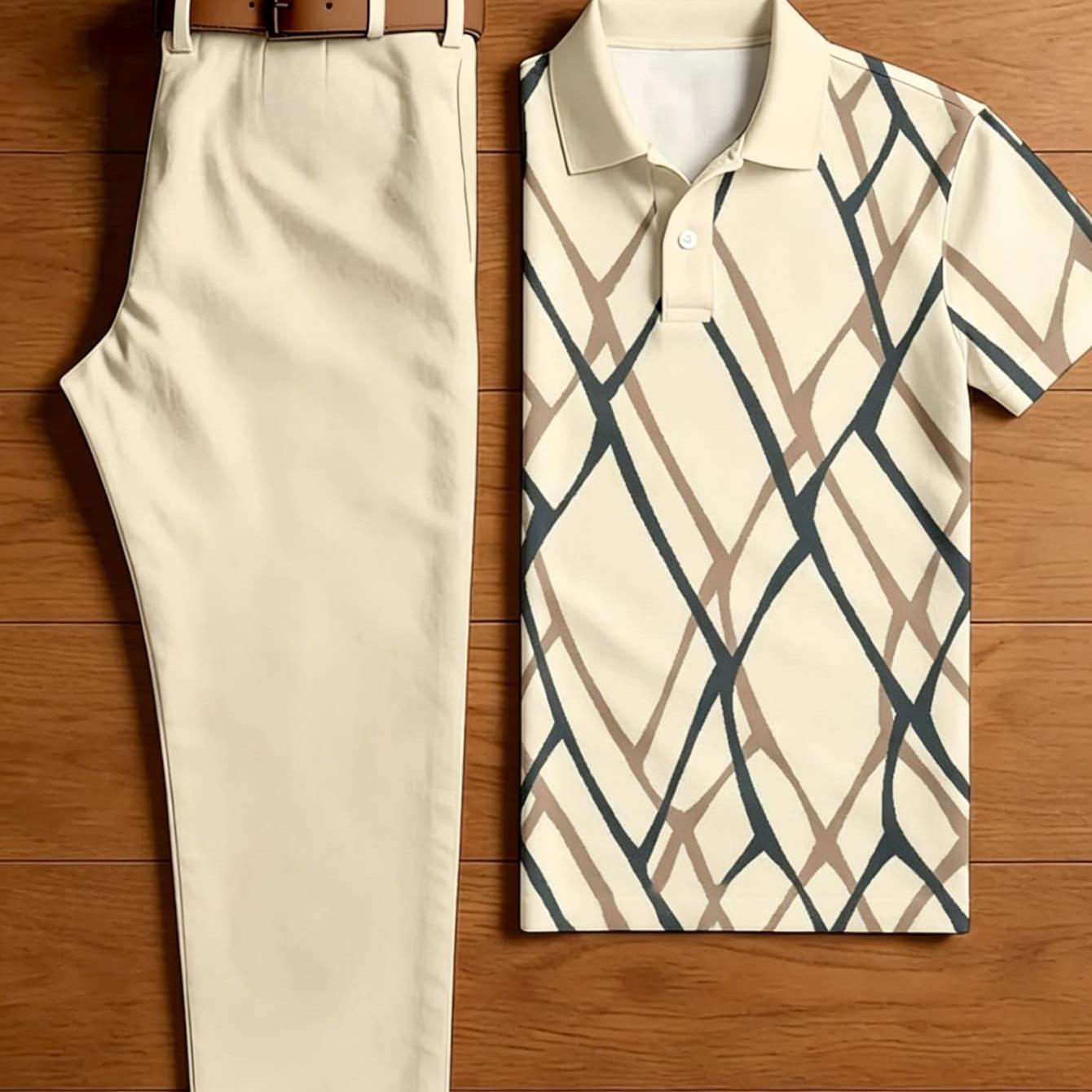 Men's 2pcs Outfit Set, Abstract Crisscross Cream And Solid Beige Belted Dress Pants, Minimal Wrinkle-resistant Outfit
