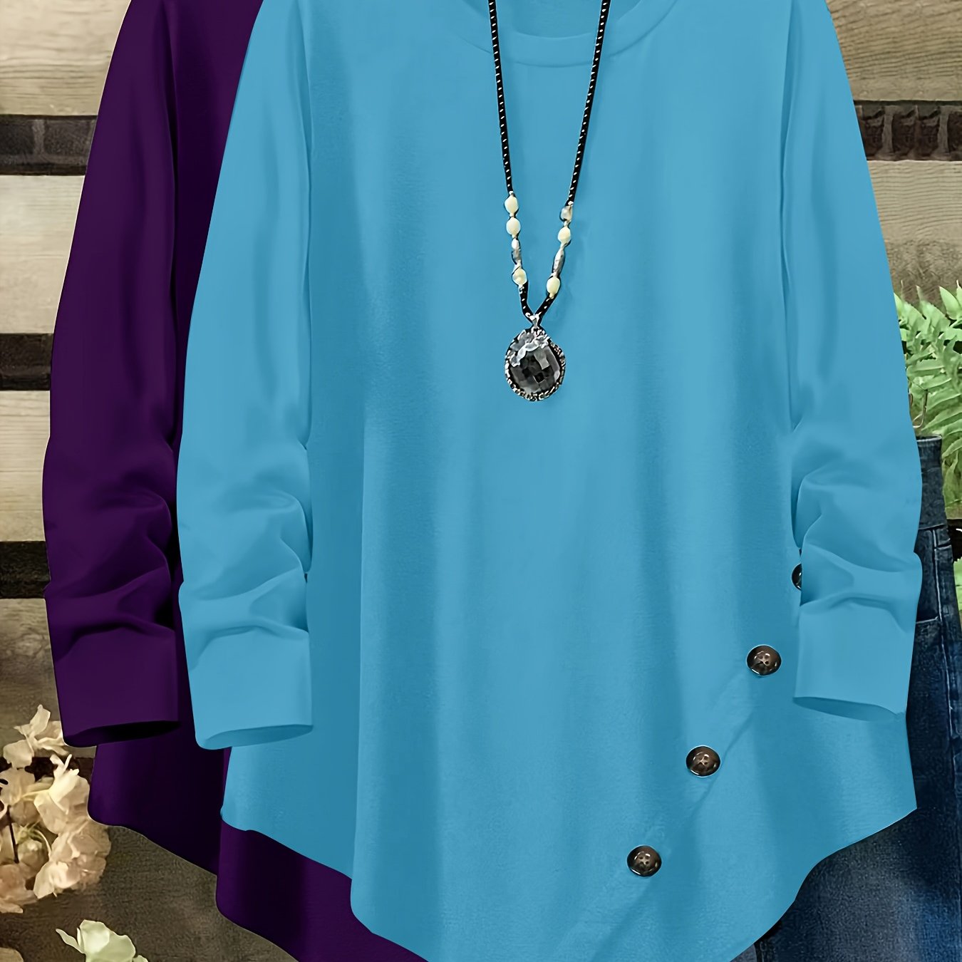 TEMU Plus Size, 2pcs Set, Plus Size, Loose Fit | Long Sleeve | Casual, Button-decorated Round Neck With Asymmetrical Hem Women's Clothing