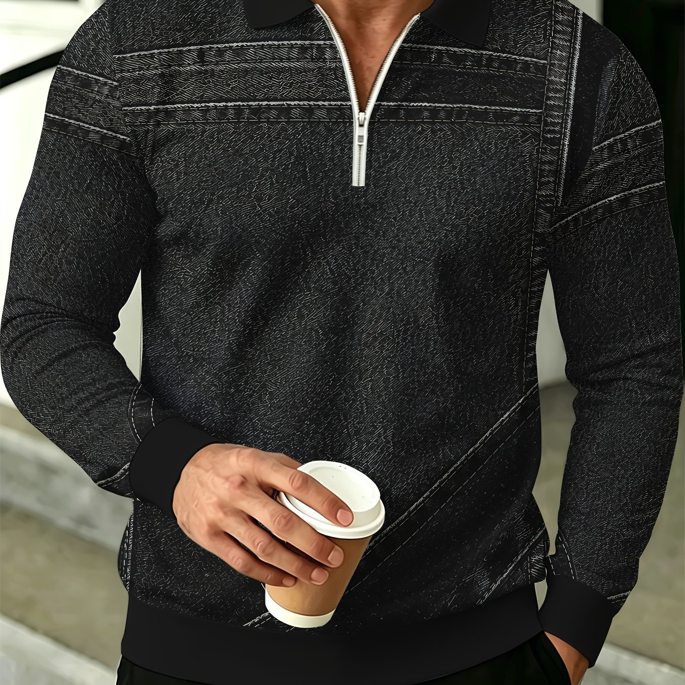 TEMU [printed Design - Not Textured/2d Printing] Color-block Men's Long Sleeve Shirt, Stand Collar Half-zip Casual Top For Spring/autumn, Business