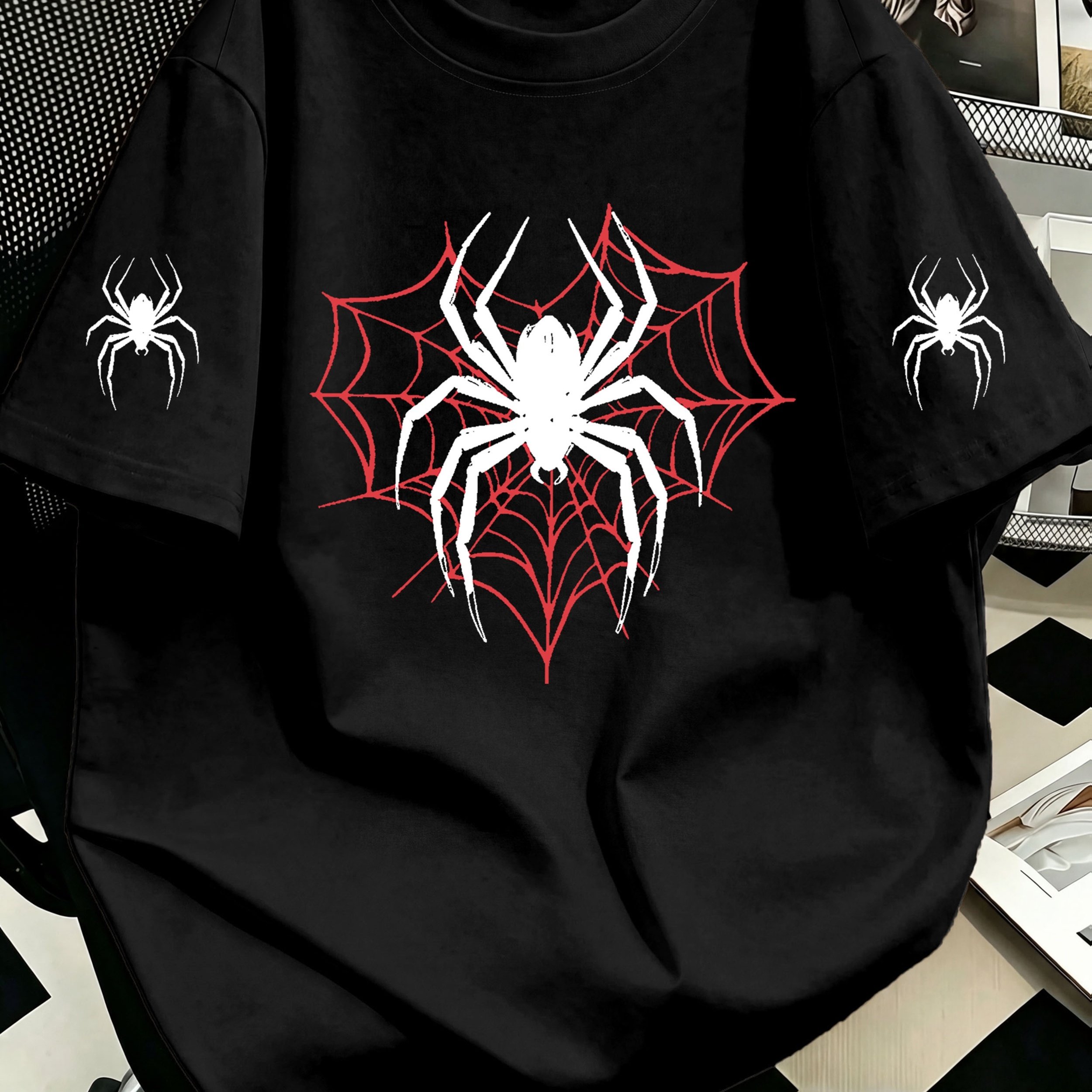 TEMU Plus Size, Women's Plus-size Oversized Spider Print T-shirt - Short Sleeve Round Neck Casual Summer Top With Stretch Suitable For Back-to, Beach