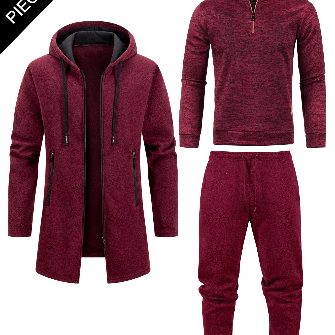 TEMU New Autumn/winter Men's Fashion 3pcs Set, Men' Color British Style Suit, Men's Casual Sportswear Set, Hooded Mid-length Jacket   Half-zip Stand