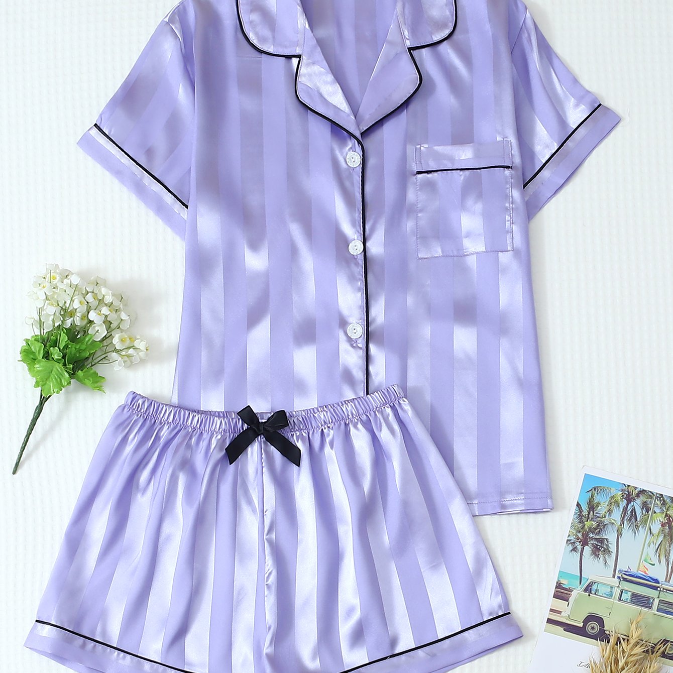 TEMU 2pcs Satin Striped Pajama Set With Short-sleeve Lapel Top And Bow Shorts, Women's Sleepwear And Loungewear