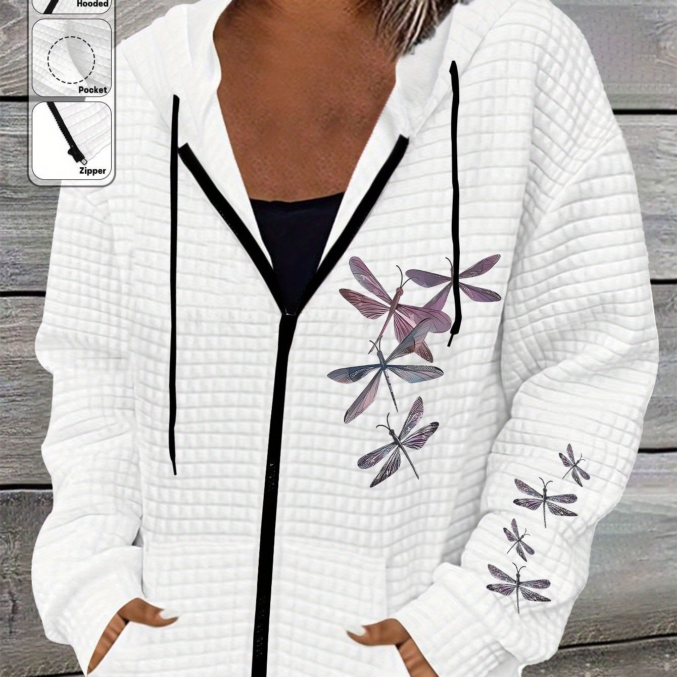 TEMU Dragonfly Print Jacket, Hooded Long Sleeve Kangaroo Pocket Casual Top, Autumn And Winter Women's Clothing