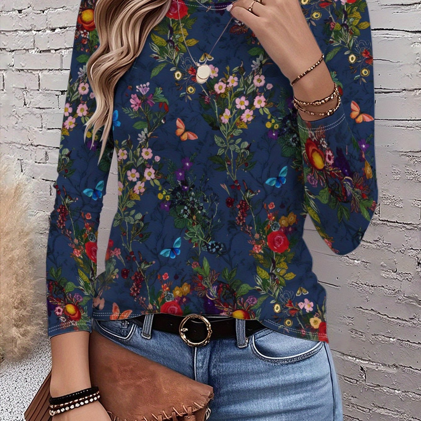 E-shop Blumenillustration, Bunt, Muster, Musterdesign, Eleganter Stil, Allover-Druck, Grafikdruck-T-Shirt, Langarm-Freizeitoberteil mit