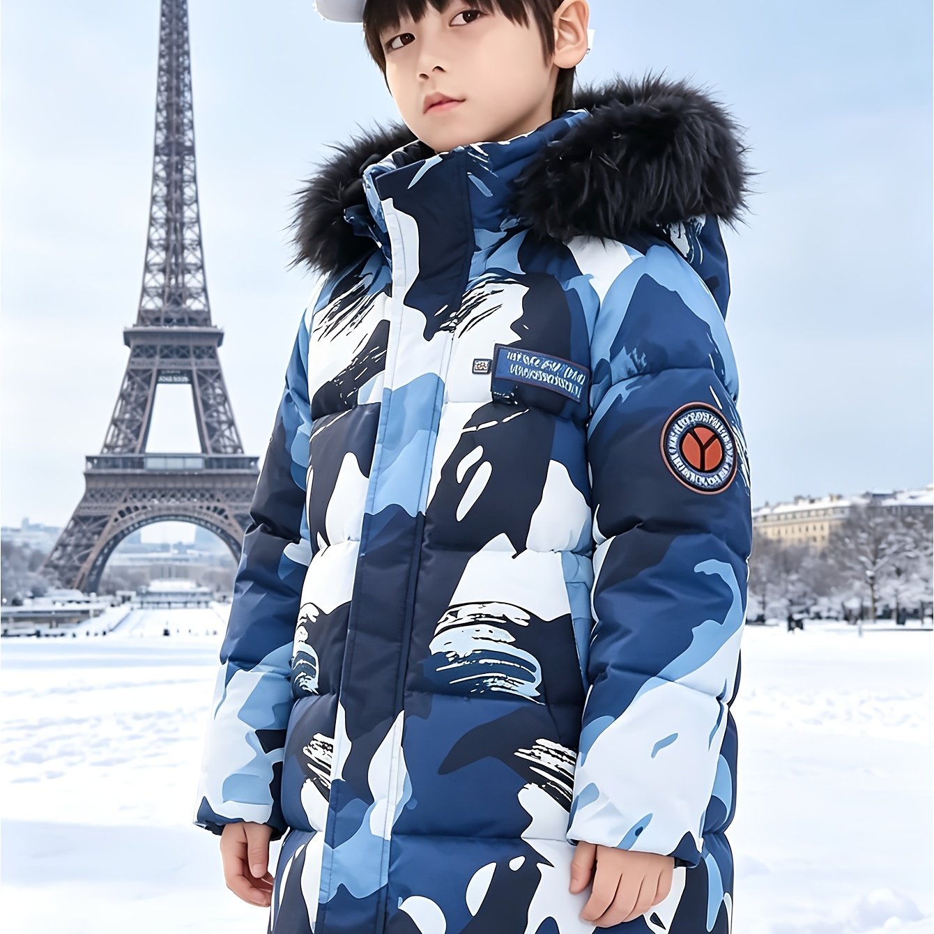 Image of Boys' Winter Hooded Coat, Thickened Warm Outdoor Jacket, Trendy Camouflage Print , Practical Storage With Side Pockets, A Cool And Versatile Warm Coat For Boys In Winter