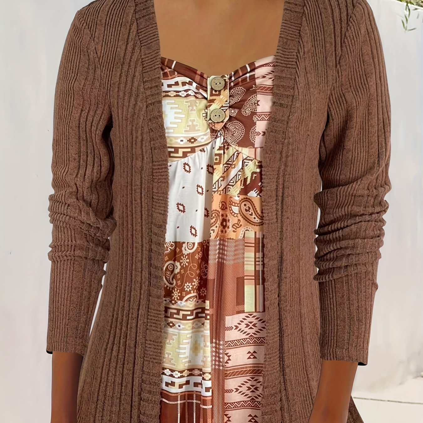 TEMU Women's Fashion Casual Elegant Solid Color Ribbed Long Sleeve 2-in-1 Look Longline Top