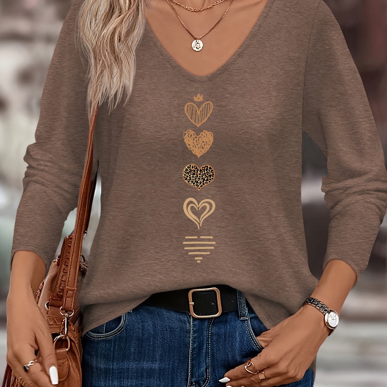 TEMU Heart Print Women's Autumn/winter Daily Versatile Comfortable Casual V-neck Long Sleeve T-shirt