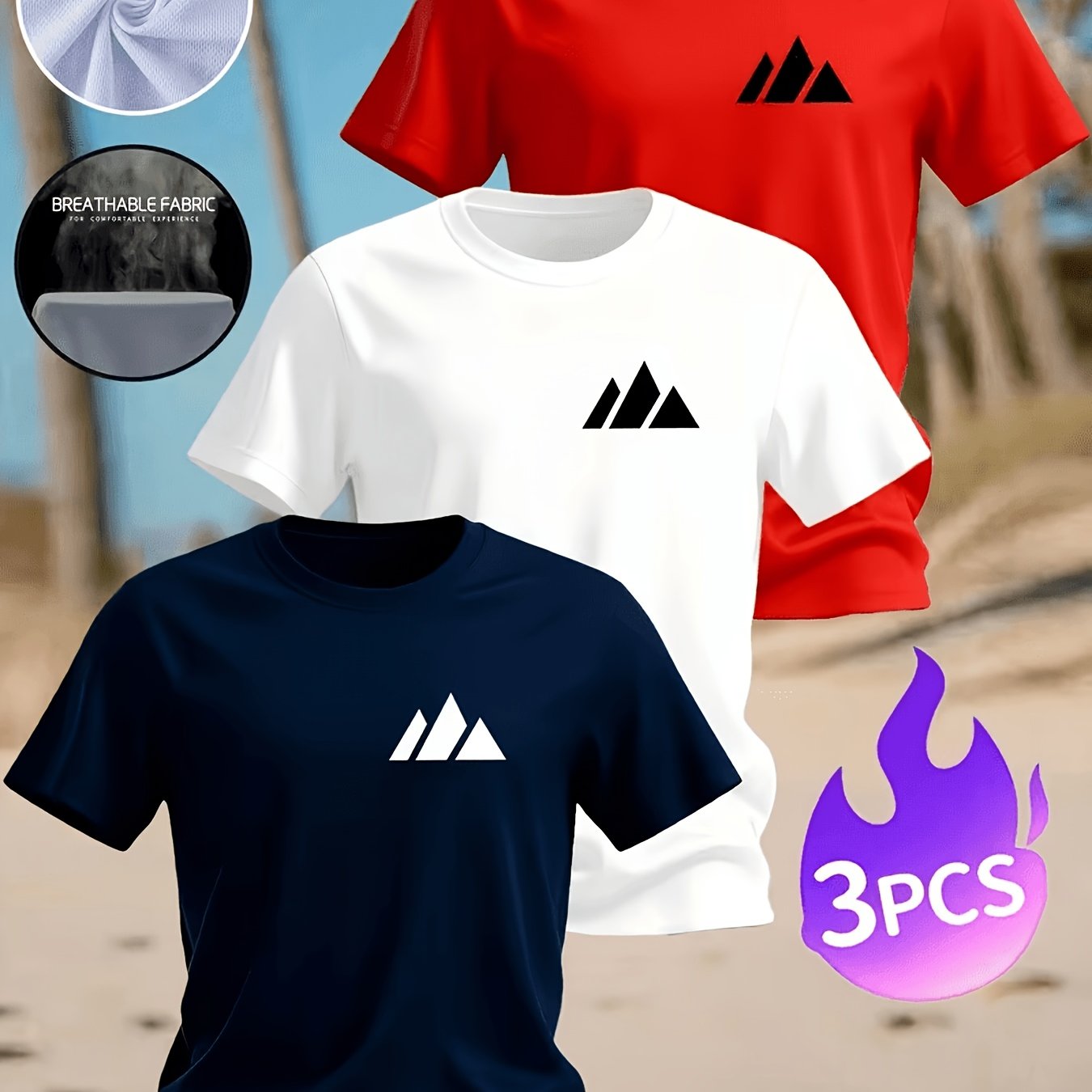 TEMU 3pcs Pc (for 3 Men) Men's Soft Breathable Polyester T-shirts - 3-color Suitable For Outdoor Activities, Casual Crew Neck Short Sleeve Tees With