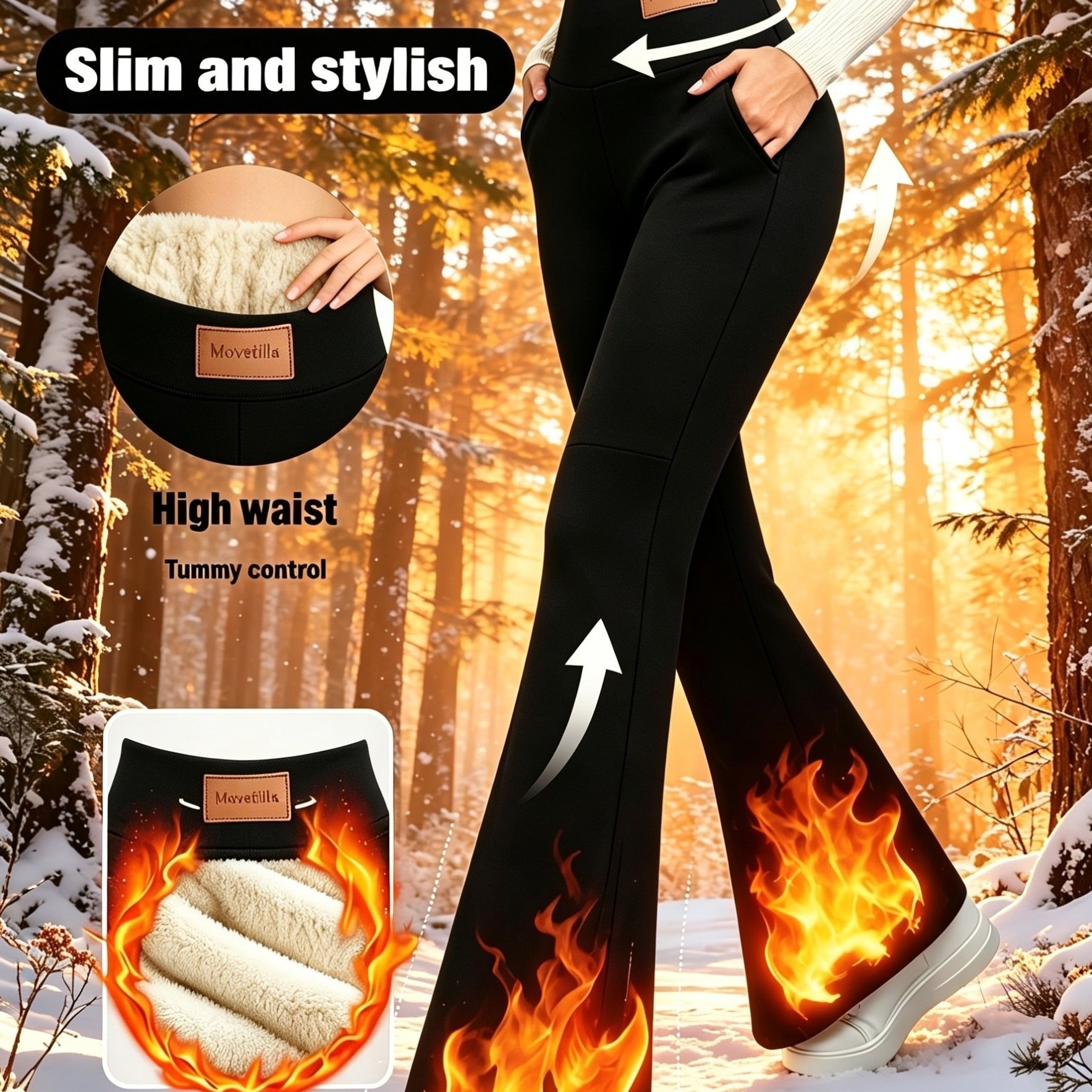 TEMU Movetilla High Waist Lined Flare Pants For Women, Soft Thermal Warm Bootcut Yoga Leggings With Pockets, Lifting Solid Black Winter Casual Dress