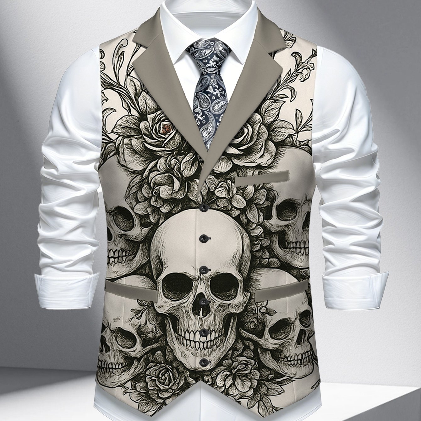 TEMU Plus Size Men's Lapel Vest Single Piece, Fashion Casual Wedding Party Men's Vest Top, Men's Lapel Vest Single Piece Skull Floral Retro Pattern