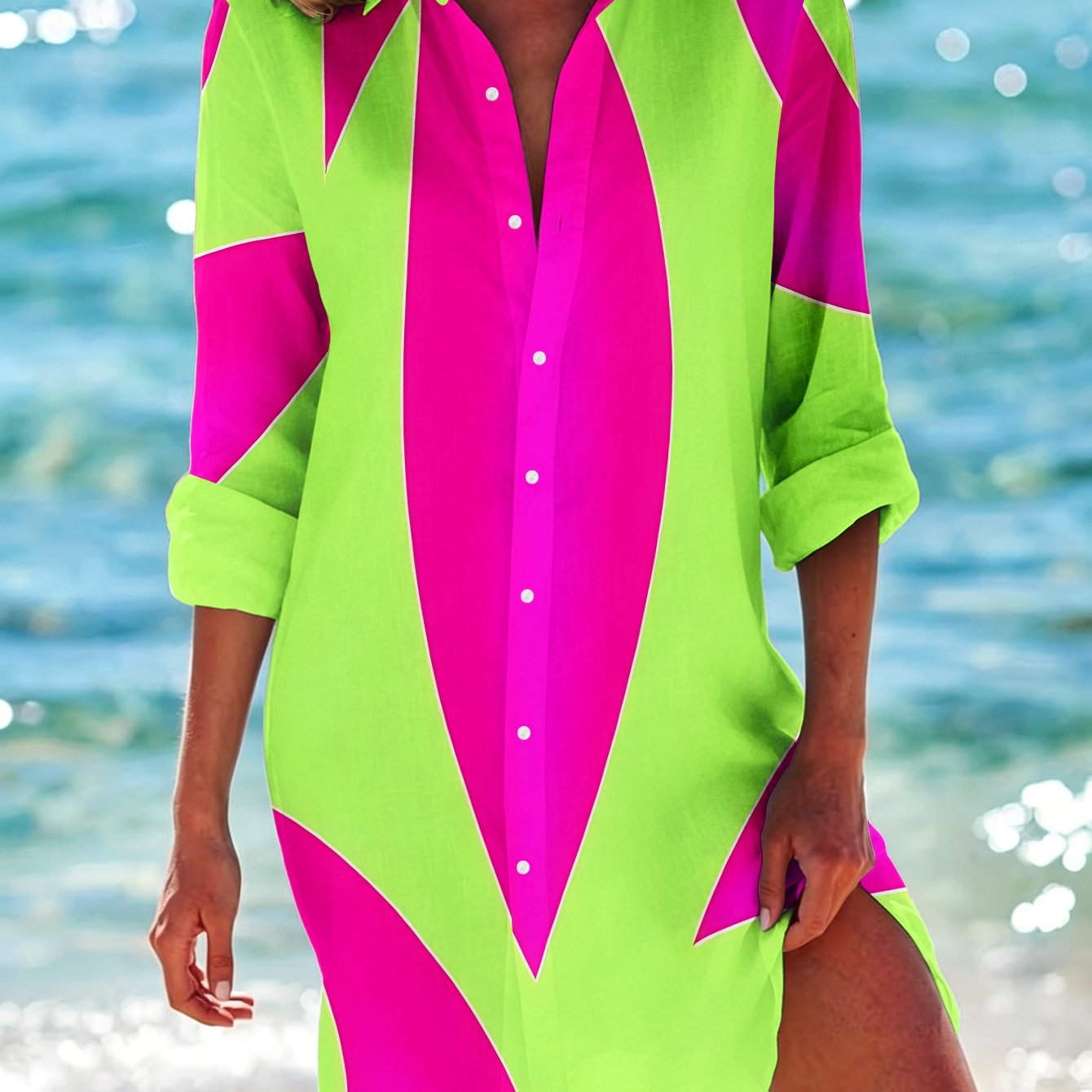 TEMU Women's Casual Colorful Printed Long Sleeve Shirt Dress, On A Bright Background, Patterned Long Sleeve Casual Vacation Wear, Machine Washable,