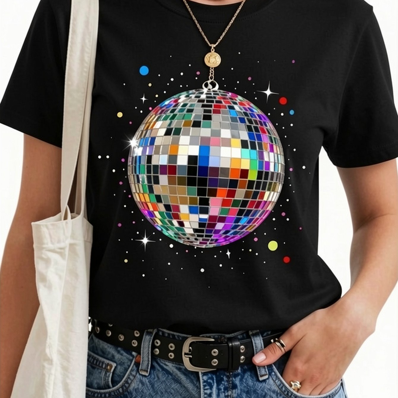 Image of Women's T-shirt Plus Size Confetti Disco Ball Party Women's T-shirt - Crew Neck - Pure - Standard Version - Summer Streetwear Tops 2026