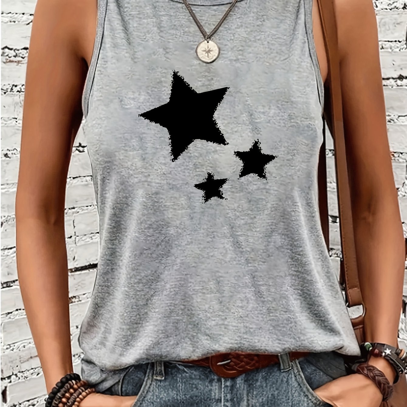 TEMU Women's Vest, Casual Women's Top, Style, Star-print Crewneck Vest, Spring/summer Streetwear, Women's Sleeveless Top