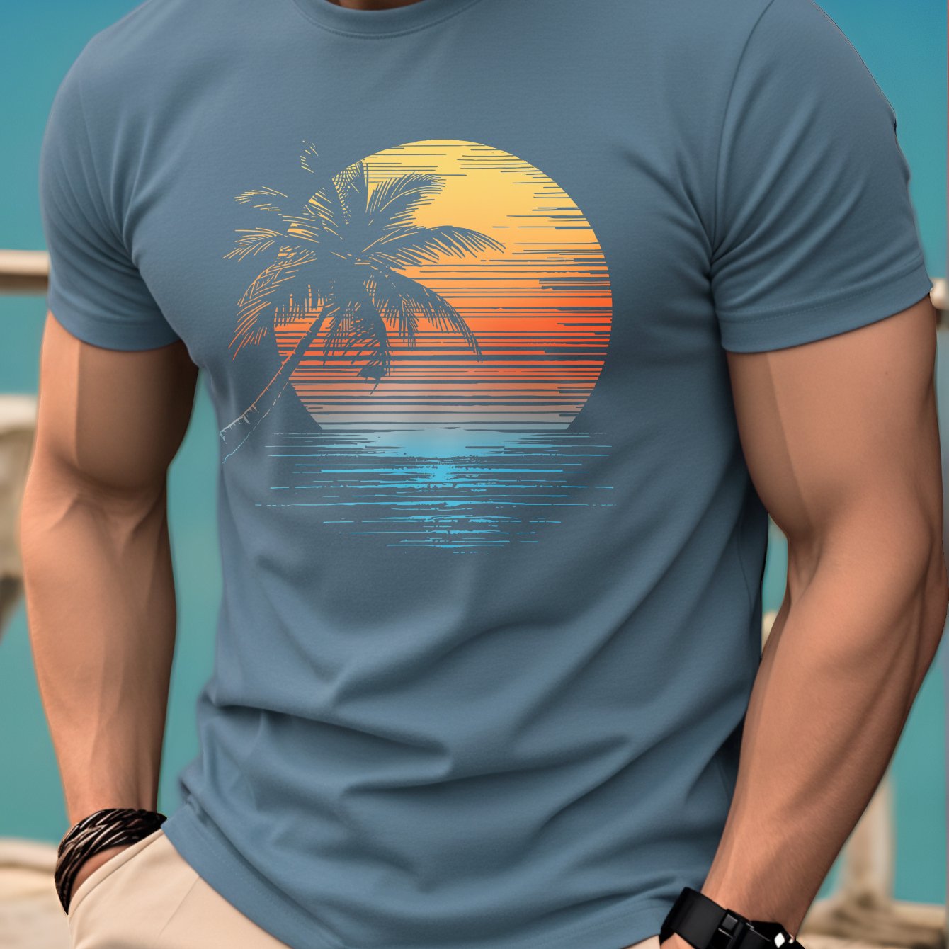 TEMU [printed Design â Not Textured] Men's Summer Short Sleeve T-shirt, Round Neck Slim Fit Lightweight Breathable Youth Casual Sunset Coconut Tree