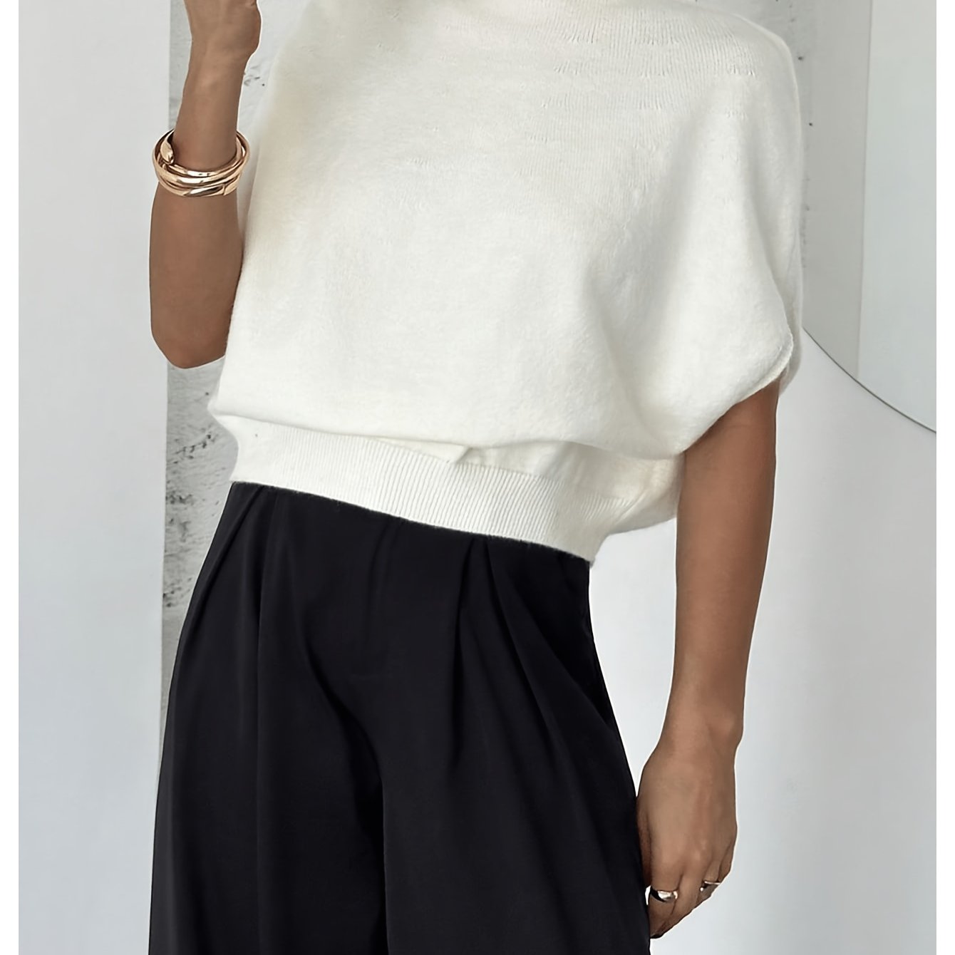 TEMU Women's High Neck Batwing Sleeve Cropped Top, Stretchy, Cropped Hem, Loose Fit, Elegant Office Sweater Shirt
