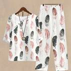 feather print casual two piece set button decor crew neck top elastic waist pants outfits womens clothing