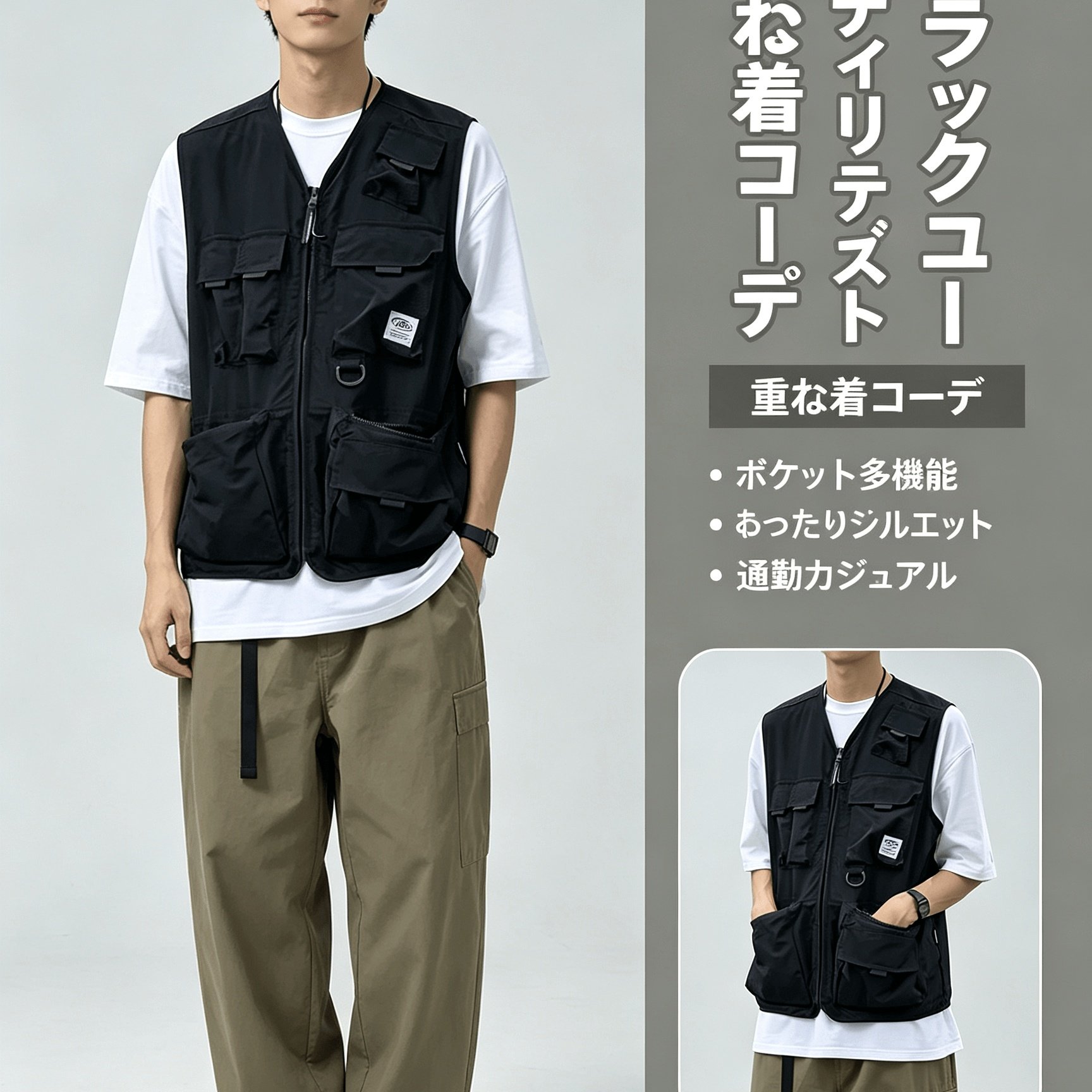 TEMU メンズ＆レディース 日本製 カルベスト - マルチポケット 袖なし ネック付き - 原宿ストリートウェア アウターウェア - 釣り、キャンプ、写真撮影、格安航空会社の機内持ち込みに最適 - アウトドアギアにフィット