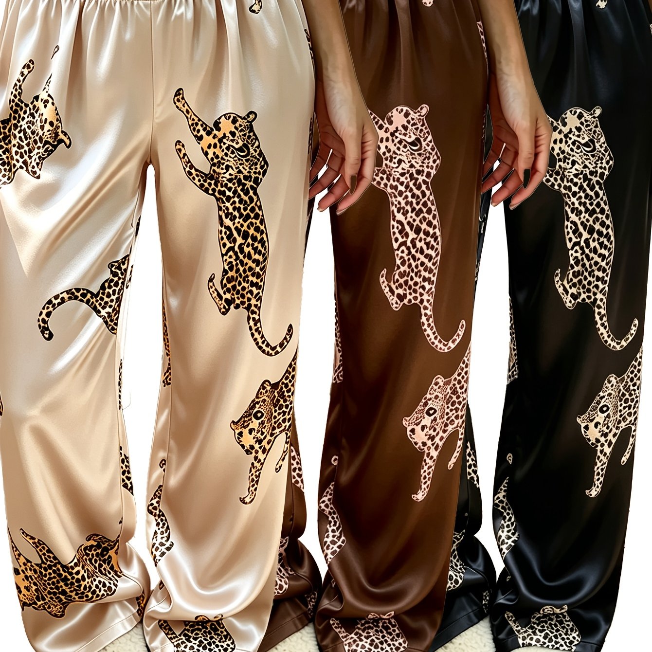 TEMU 3pcs Women's Leopard Print Long Pants With Elastic Waist, Draped Loose Fit For Casual Wear, Loungewear, And Sleepwear