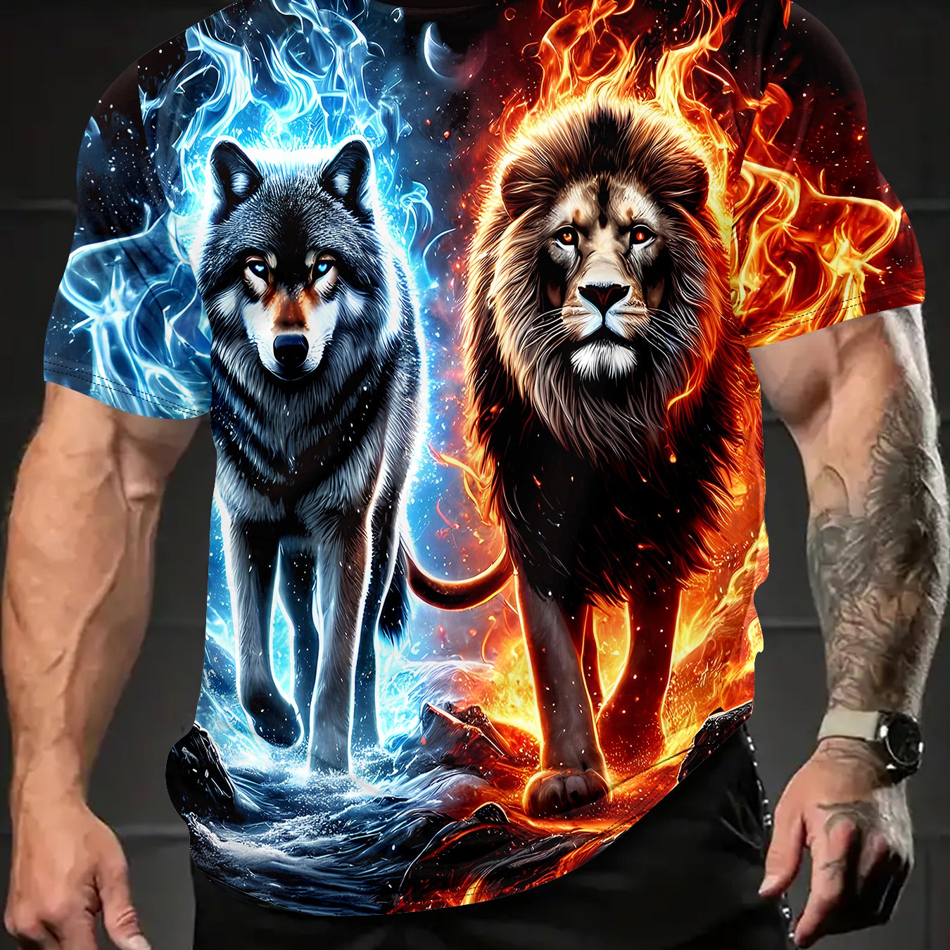 TEMU 3d Printed Wolf And Lion T-shirt For Men â Fire And , Casual Summer Top, Breathable Outdoor Wear, Perfect For Running, Gym, Or Gifting, Trendy