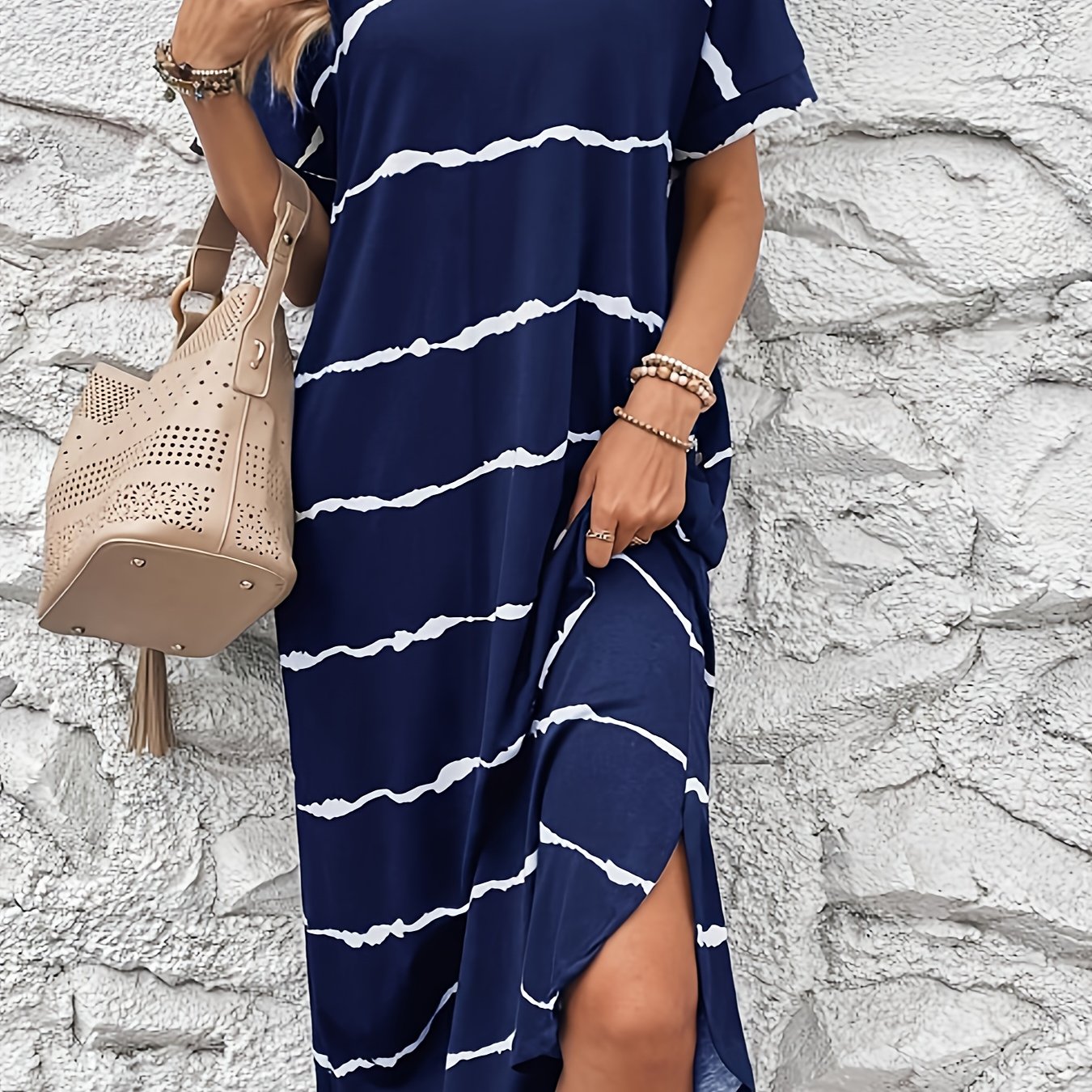 Plus Size, Elegant Printed Maxi Dress With Slit, Perfect For Spring And Summer