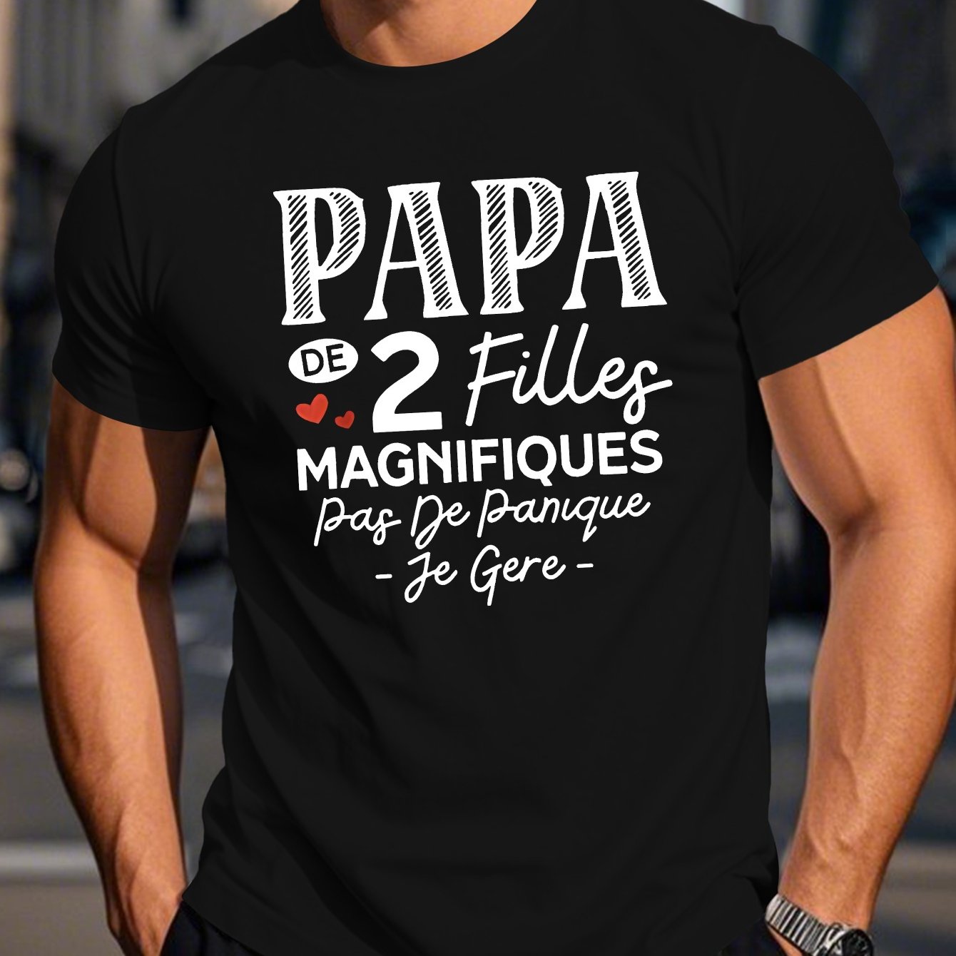 TEMU T-Shirt Humour Français pour Hommes - Slogan "PAPA x2 " & Imprimé Géométrique, Tee-shirt Léger à Manches Courtes d'Été, Coupe Régulière