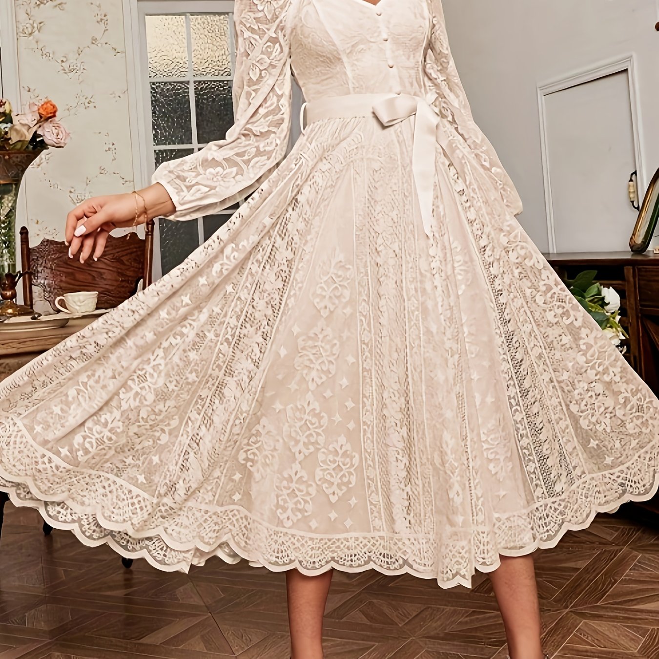 Image of Wedding Guest Dress Women's New Elegant Retro Lace Fan-shaped Large Swing Long-sleeved Dress