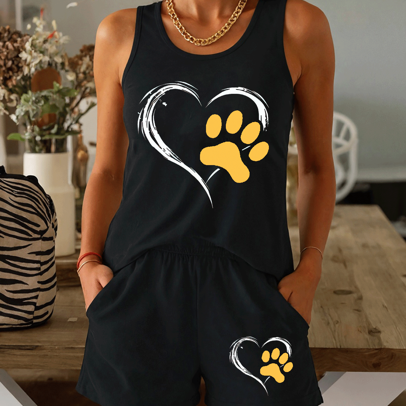 TEMU Two-piece Set With Heart Paw Print, In Multiple Colors, Sleeveless With Shorts, Perfect For A Casual For Pets At Home. Comfortable Women's