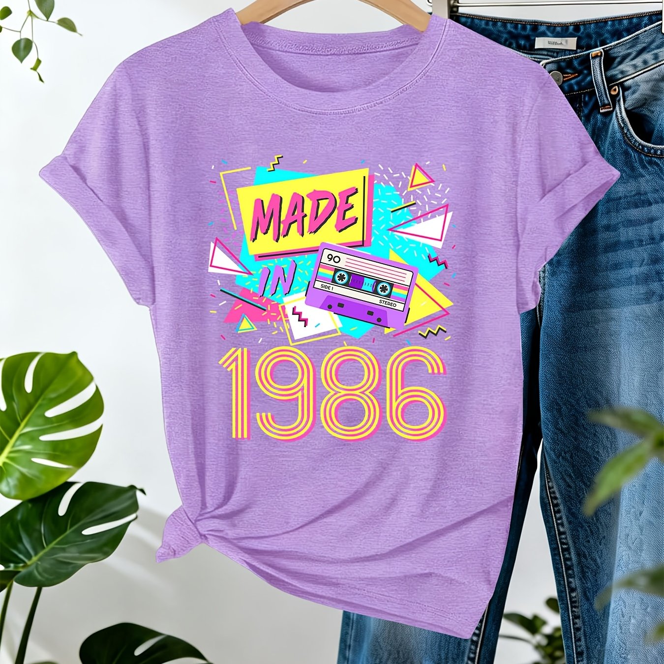 TEMU Vintage 80s 40th Birthday Print T-shirt, Short Sleeve Crew Neck Casual Top For Summer & Spring, Women's Clothing