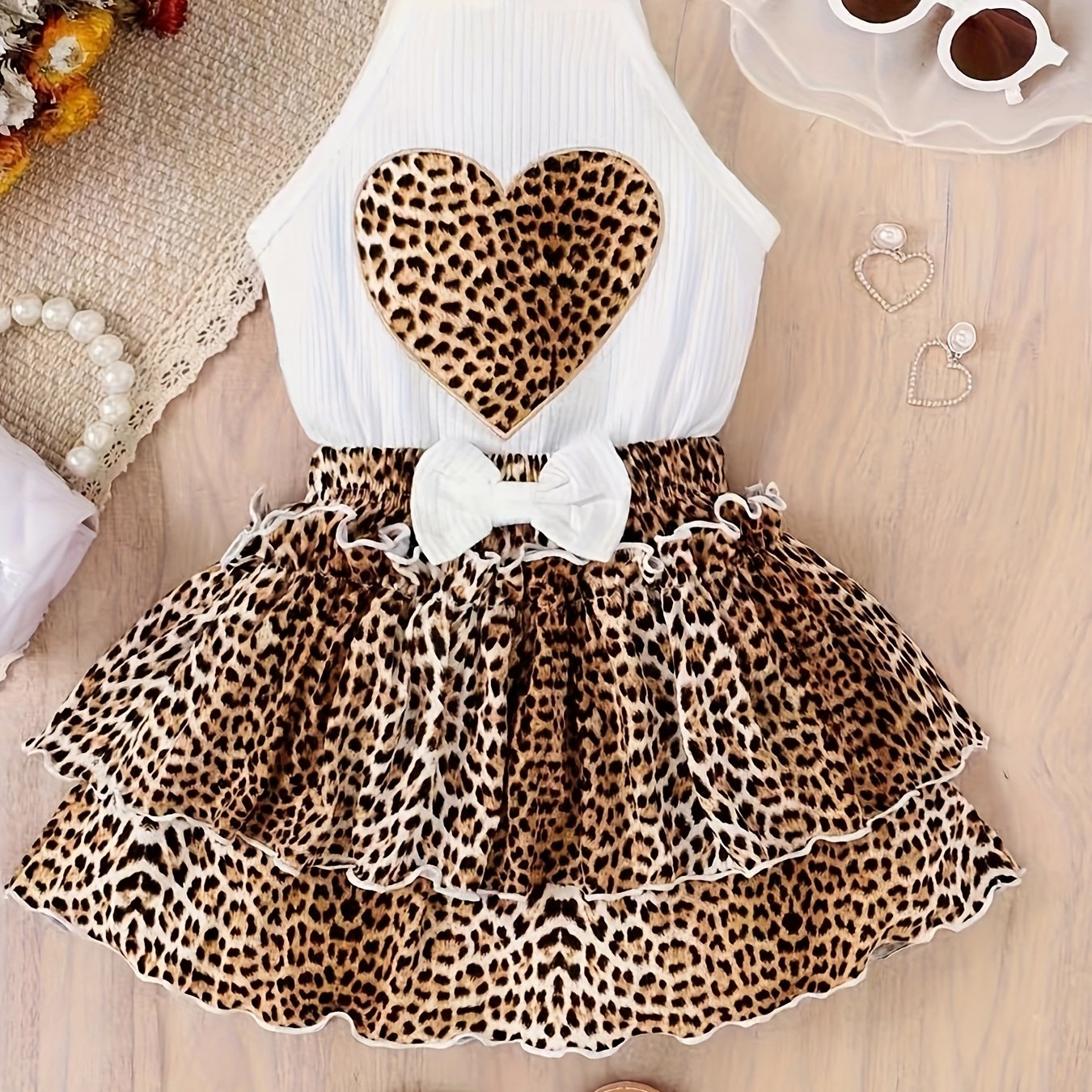 Image of 2pcs Set: Girls' Cute Leopard Print Skirt + Top, Lightweight And Suitable For . A Must-have Adorable Outfit For Girls
