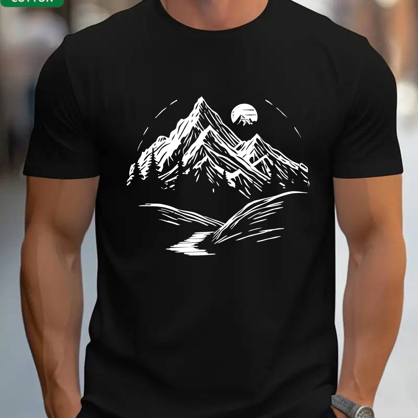 Image of 100% Men's T-shirt, Summer Short Sleeve , Trendy Fashionable Slim Fit, Breathable, Casual, Versatile, Crew Neck, And , Black And White Line Art Mountain And River , Plus Size