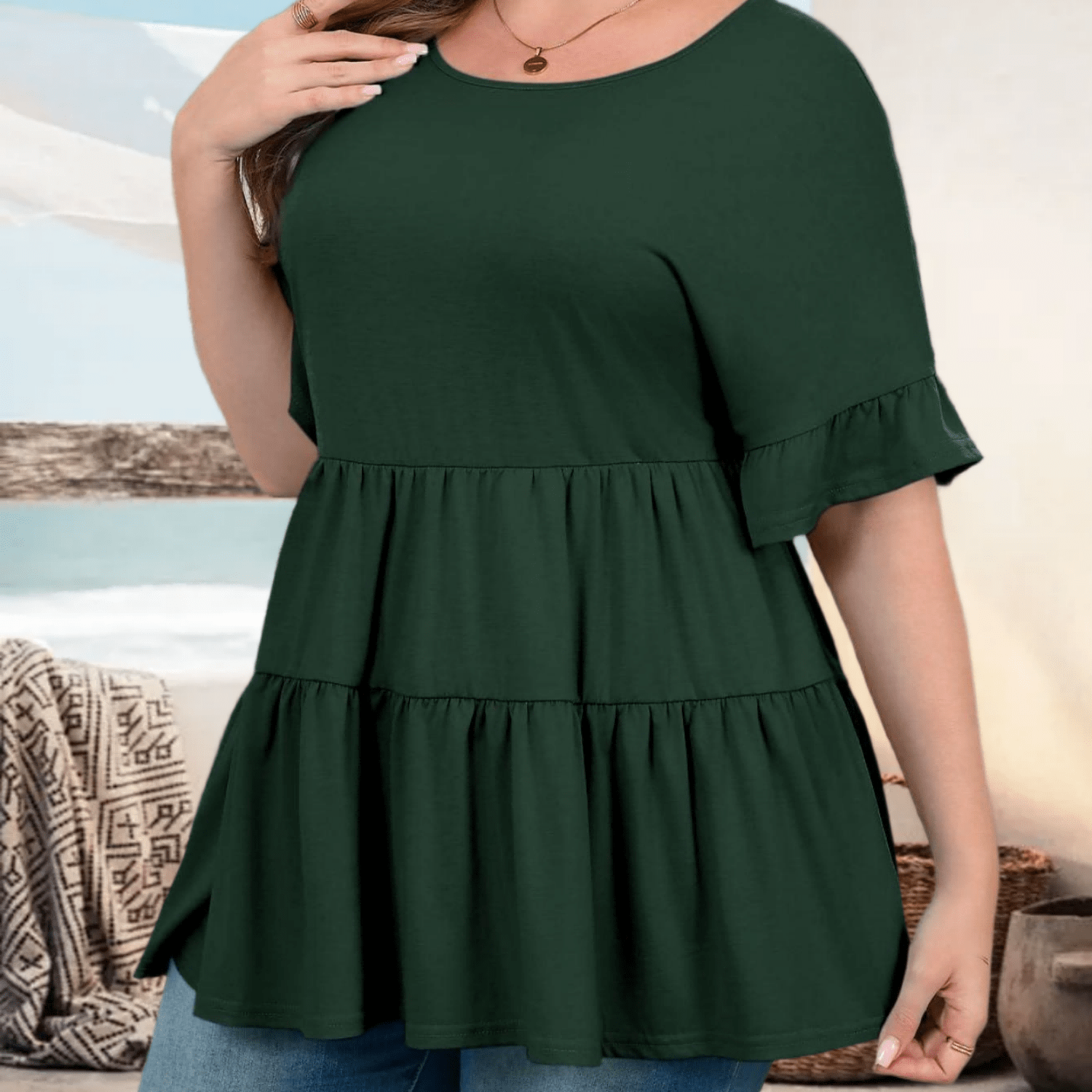 Image of Plus Size - Plus Size - Summer Women's Plus Size Babydoll Tops Ruffle Short Sleeve Peplum Blouse Loose Fit Flowy Tunic Shirts