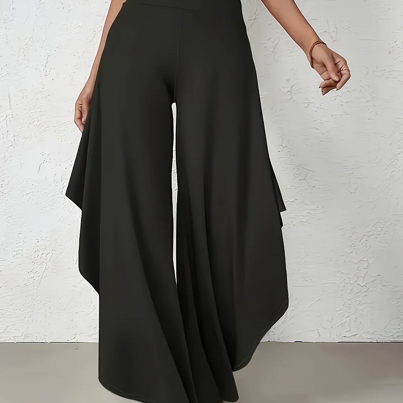 E-shop Plus Size, Damen Asymmetrischer Saum Weitbeinige Hose, Casual Uni-Farben High-Waist Rüschenbesatz Lockere Hose, Geeignet für Frühling Sommer,