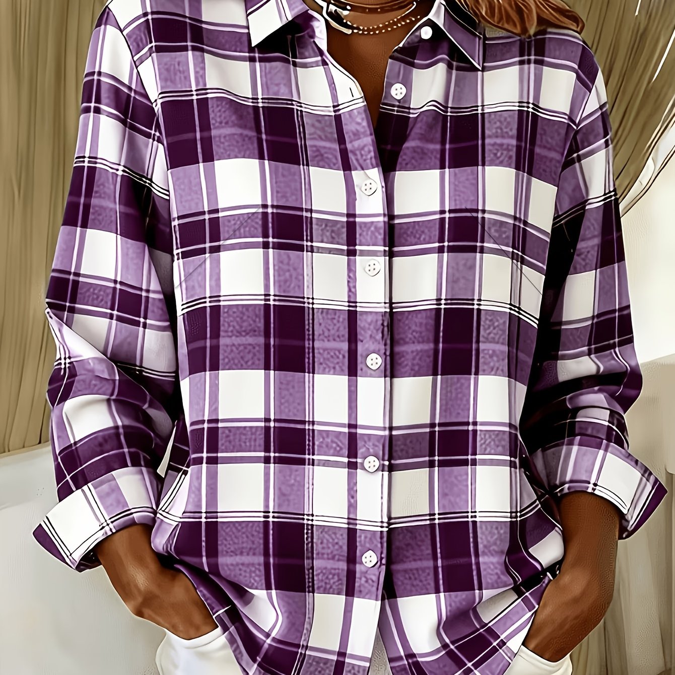 TEMU Grande Taille - Chemise à Manches Longues Boutonnée à Carreaux pour Femme, Mode Décontractée Grande Taille