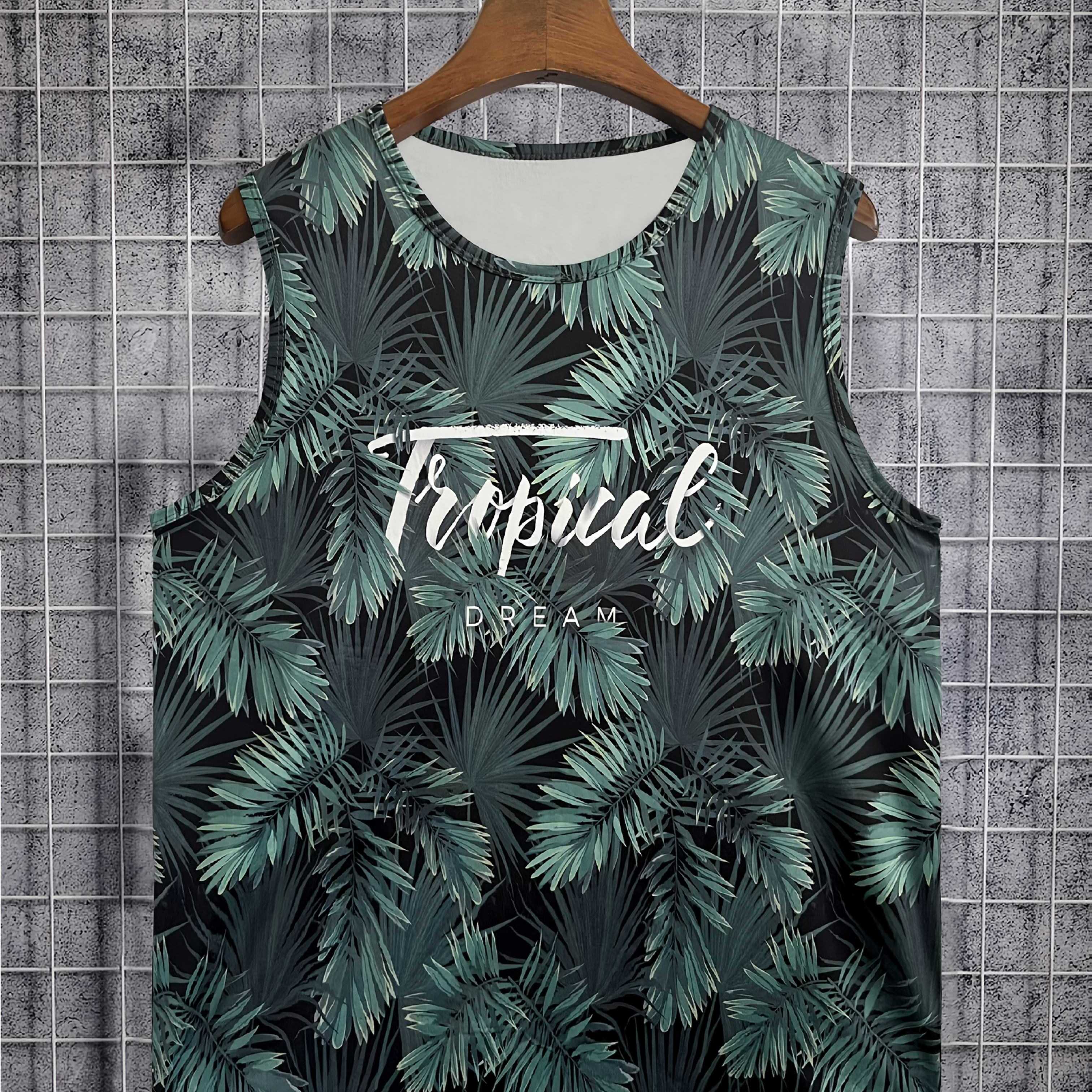 TEMU Men' Soft Breathable Sleeveless Tank Top With Full Plant Print - Round Neck Athletic Shirt, Green & Black Suitable For Summer Sports, Gym,