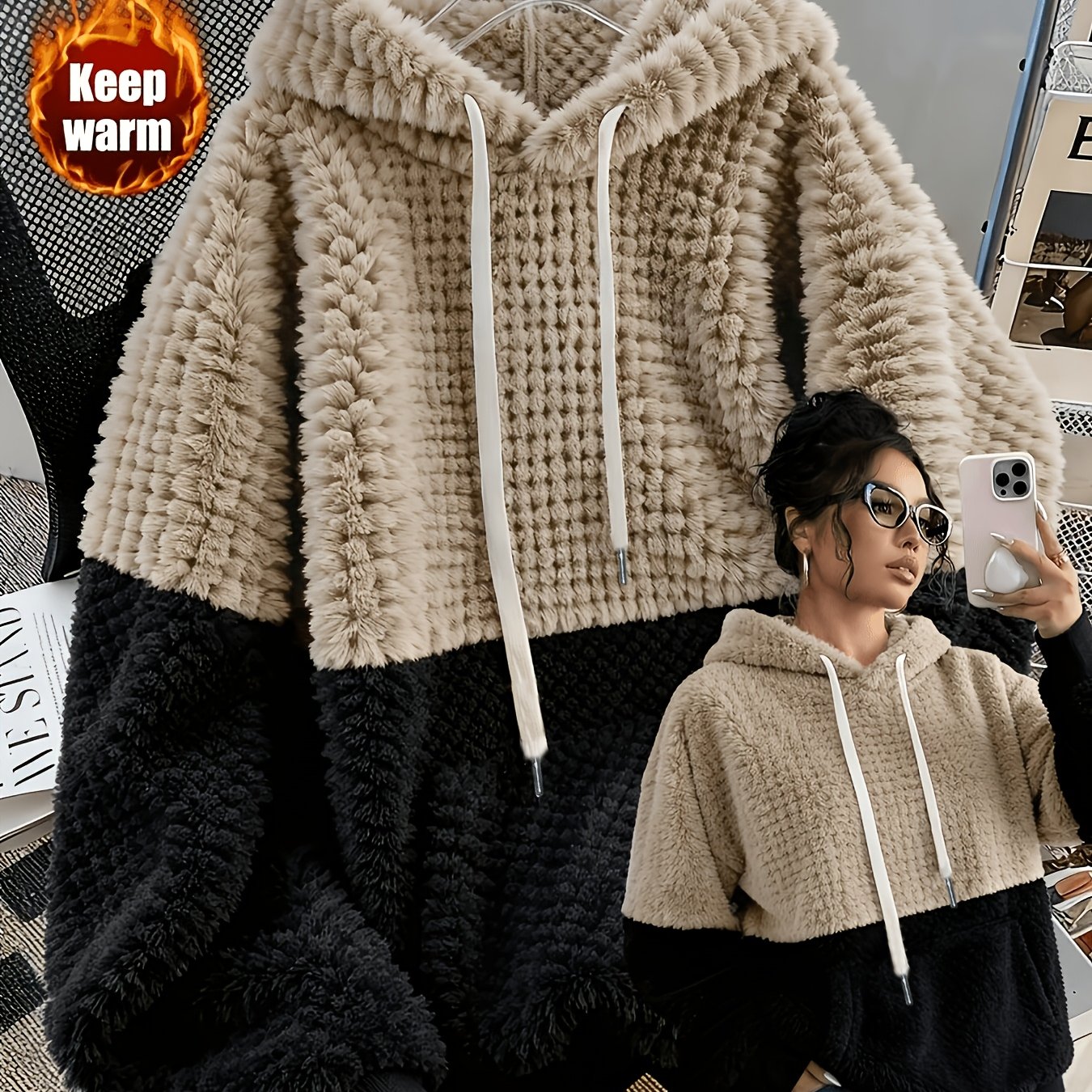 TEMU Sweat à capuche grande taille en laine d' pour femmes, design patchwork décontracté automne hiver, idéal pour et l'hiver