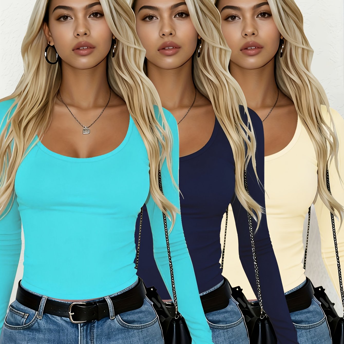 TEMU 3pcs T-shirt, Long-sleeved Round-neck Sexy Top, Suitable For Autumn And Winter Wear, Women's Clothing.