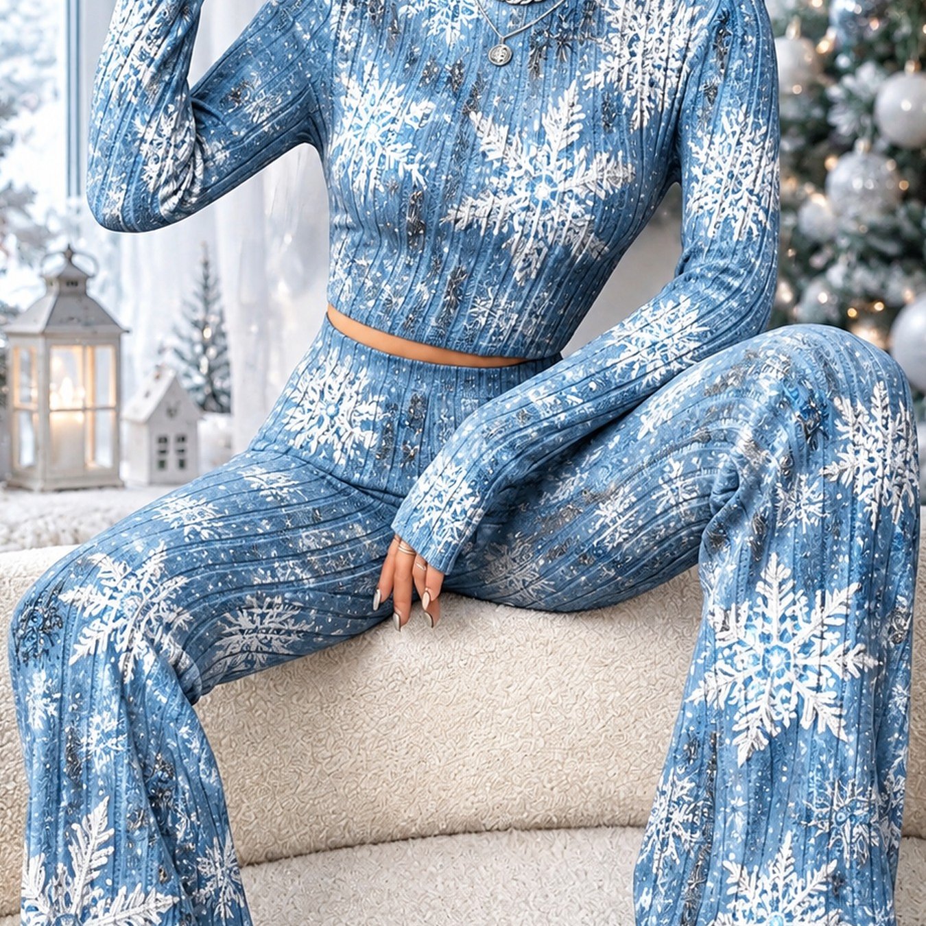 Image of Christmas Women's Ribbed Stripe S Set, Ribbed Stretchy Outfit, Top With High Neck And Long Sleeves, Bottom With Long Pants, Versatile For,,, Or Wear, A Set That Makes Matching Easy.