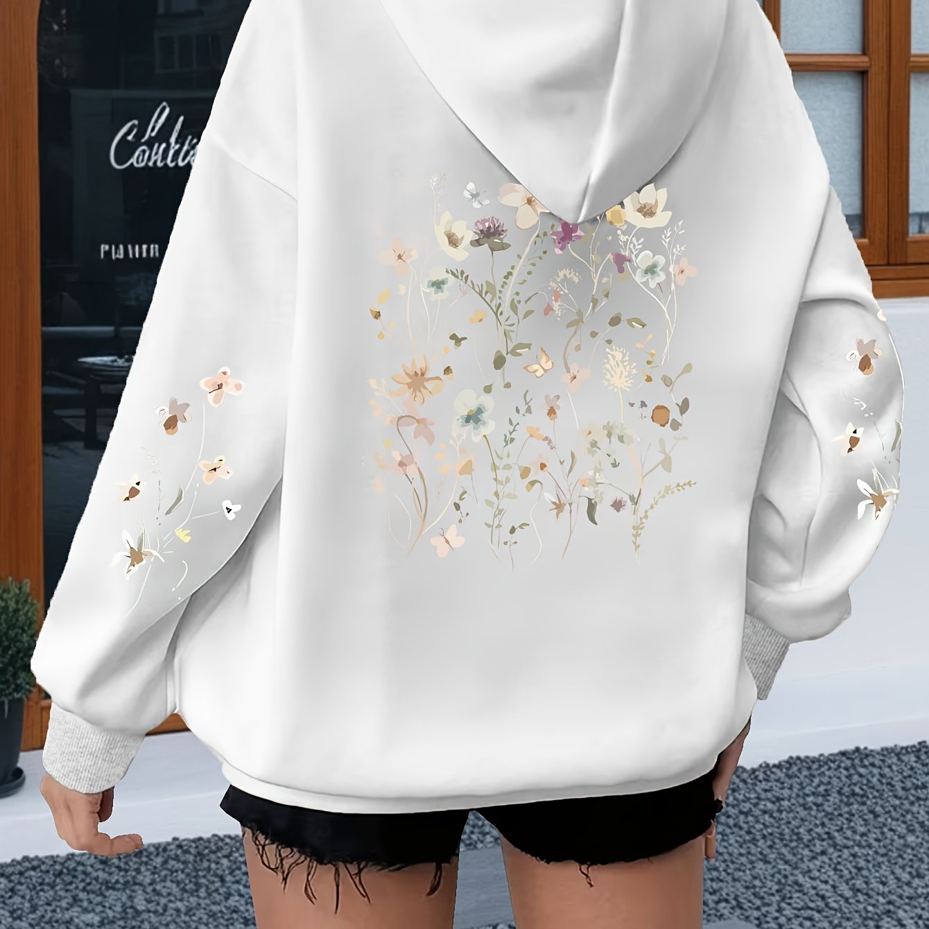 TEMU Plus Size, Plus-size Women's Hooded Sweatshirt With Multicolor And Delicate Branch Print