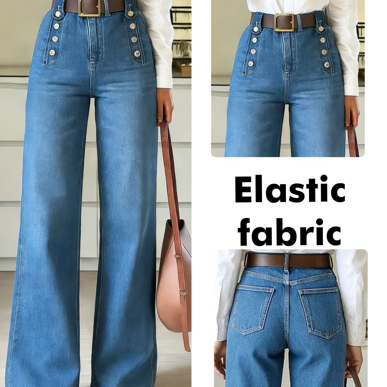 Image of Women's Elegant Spring And Summer Versatile Shallow Blue Washed Wide-leg Jeans For Dates, Button-embellished Flared Jeans, Suitable For Daily Wear, Commuter Style, Denim Long Pants