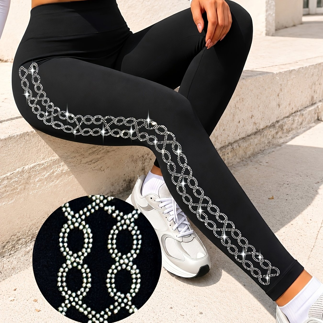 TEMU Women's Side Circle Rhinestone Sparkly Fashion Leggings High Waist Stretchy Breathable Comfortable Casual Elegant Trousers For Daily Wear